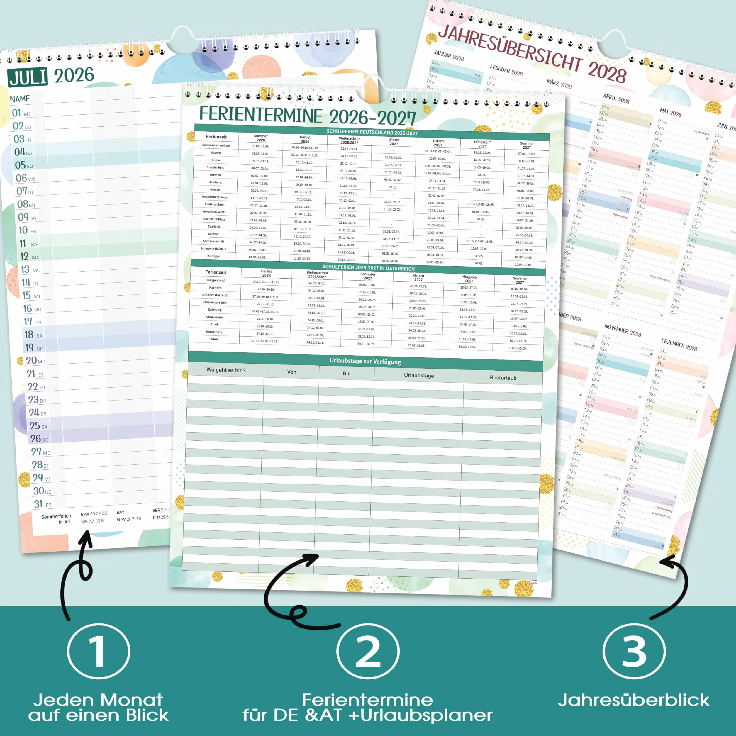 Planificateur familial 2026-2027 - Calendrier familial 7 colonnes juillet 2026 à décembre 2027 - 33 x 44 cm - Bulles colorées
