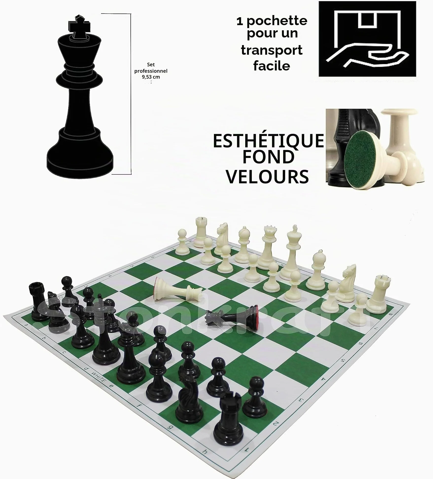 StonKraft Jeu d'échecs pliable en vinyle 46 x 46 cm avec pièces en plastique solide (avec reine supplémentaire) – Idéal pour les joueurs d'échecs professionnels