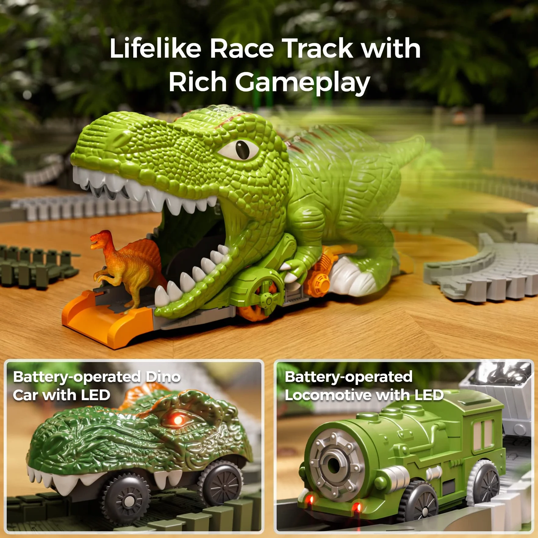 Dinosaure Jouet Piste de Course 281 Pièces Train Dinosaures Cadeau Enfants 3-6 Ans Chemins Fer Flexibles 4 Dinosaures 2 Voitures Course Électriques Lumières