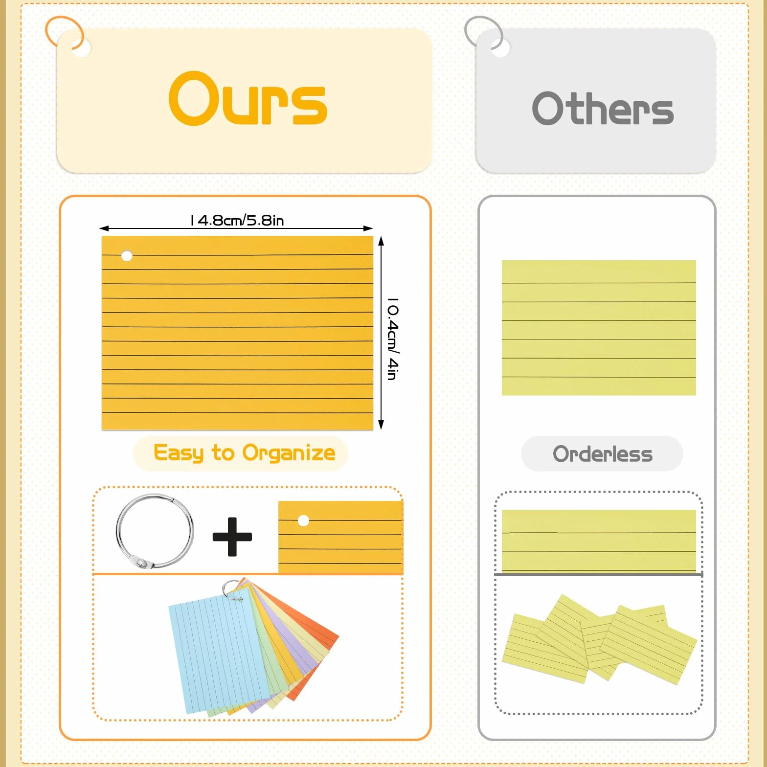 Flash Cards A6 Lignées 150 g/m² avec Couverture Kraft Anneaux de Reliure Cartes de Révision Multicolores (14,8 x 10,5 cm)