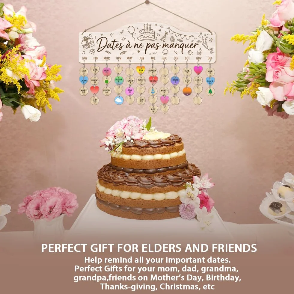 Arricraft Calendrier de rappel d'anniversaire en bois 40x12cm gâteau scintilles étoile avec 100 étiquettes