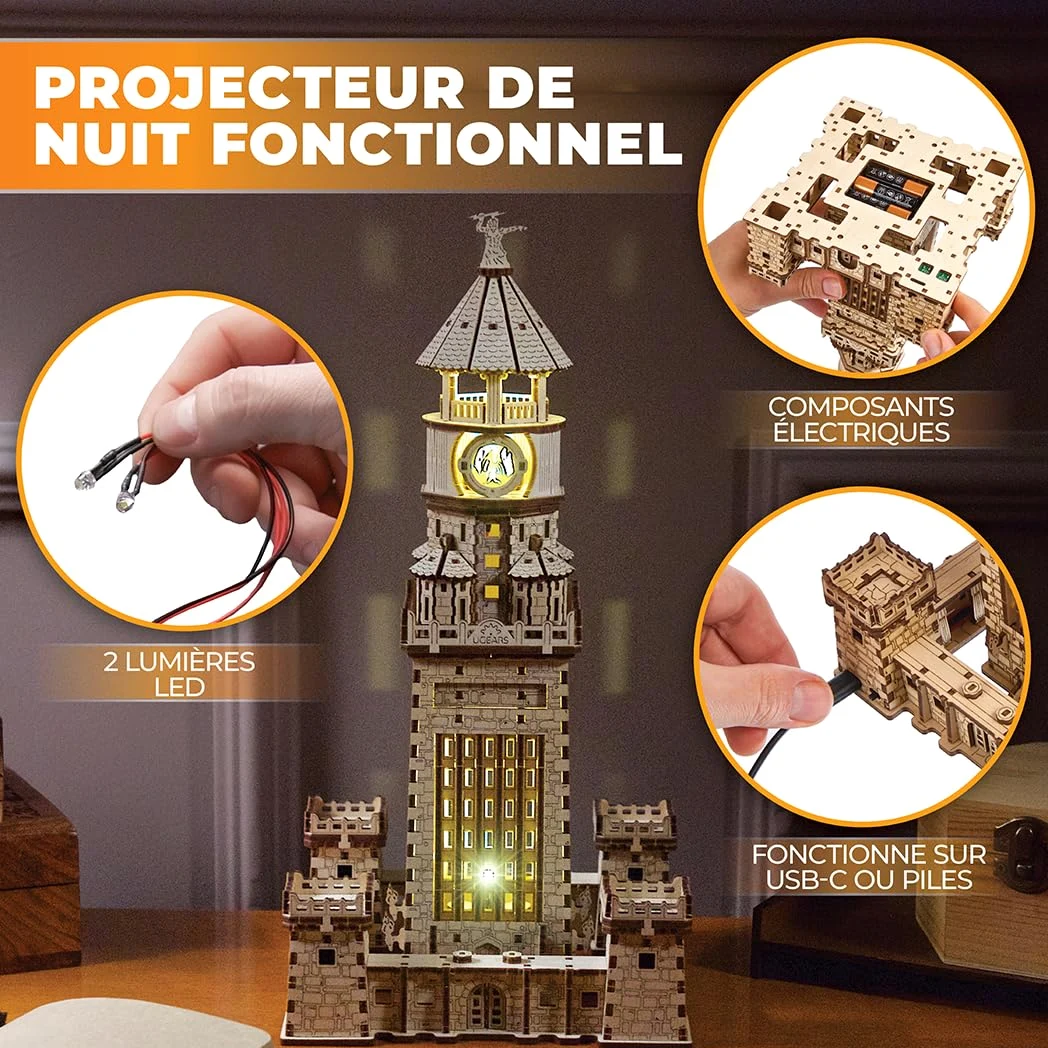 Puzzle 3D Ugears Phare d'Alexandrie - Kits de Bricolage pour Adultes avec veilleuse LED - Modèle en Bois à Assembler - Cadeau Parfait pour Les Adultes - 340 pièces