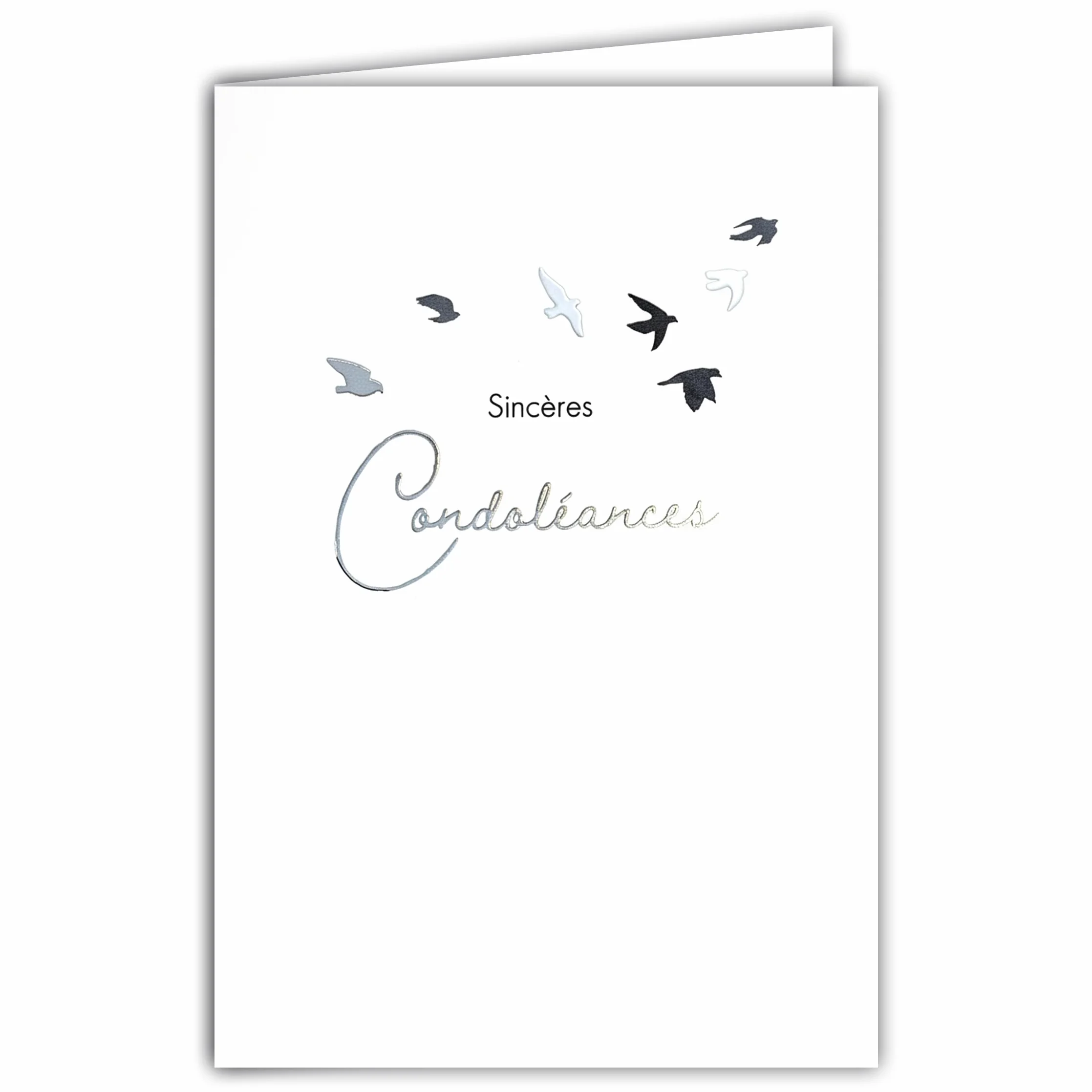 Carte Sincères Condoléances Argenté Envol Oiseaux Colombes Paix Illustration Fine Délicate Papier Mat 12x17,5cm Enveloppe Blanche Fabriqué France