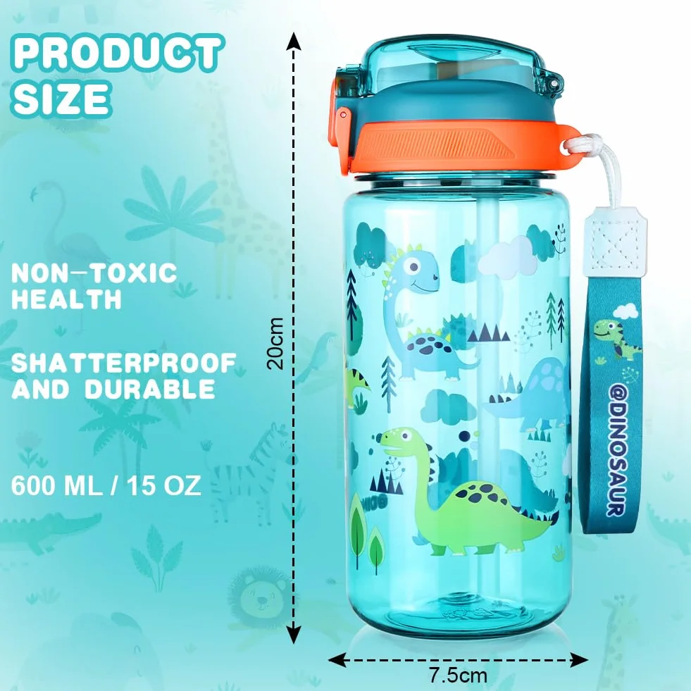 Flintronic 600ML Gourde Enfant avec Paille, Bouteille Enfant avec Poignée, Anti-Fuite, sans BPA Tritan pour l'école Sport (Vert-Dinosaures)