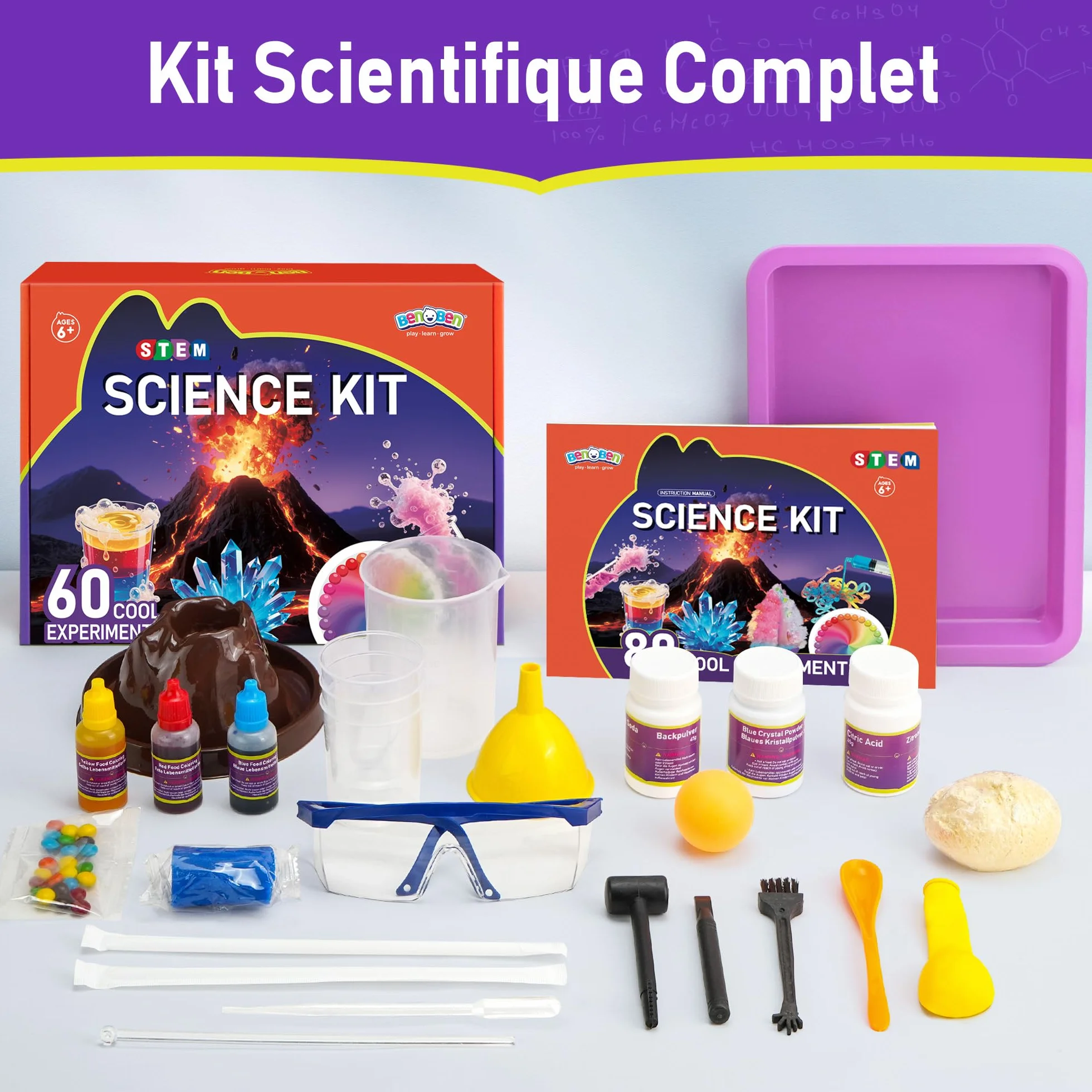 BenBen 60+ Expériences Scientifiques pour Enfants, Laboratoire de Chimie, Jeux éducatifs Cadeau pour Garçons Filles 6-10 Ans