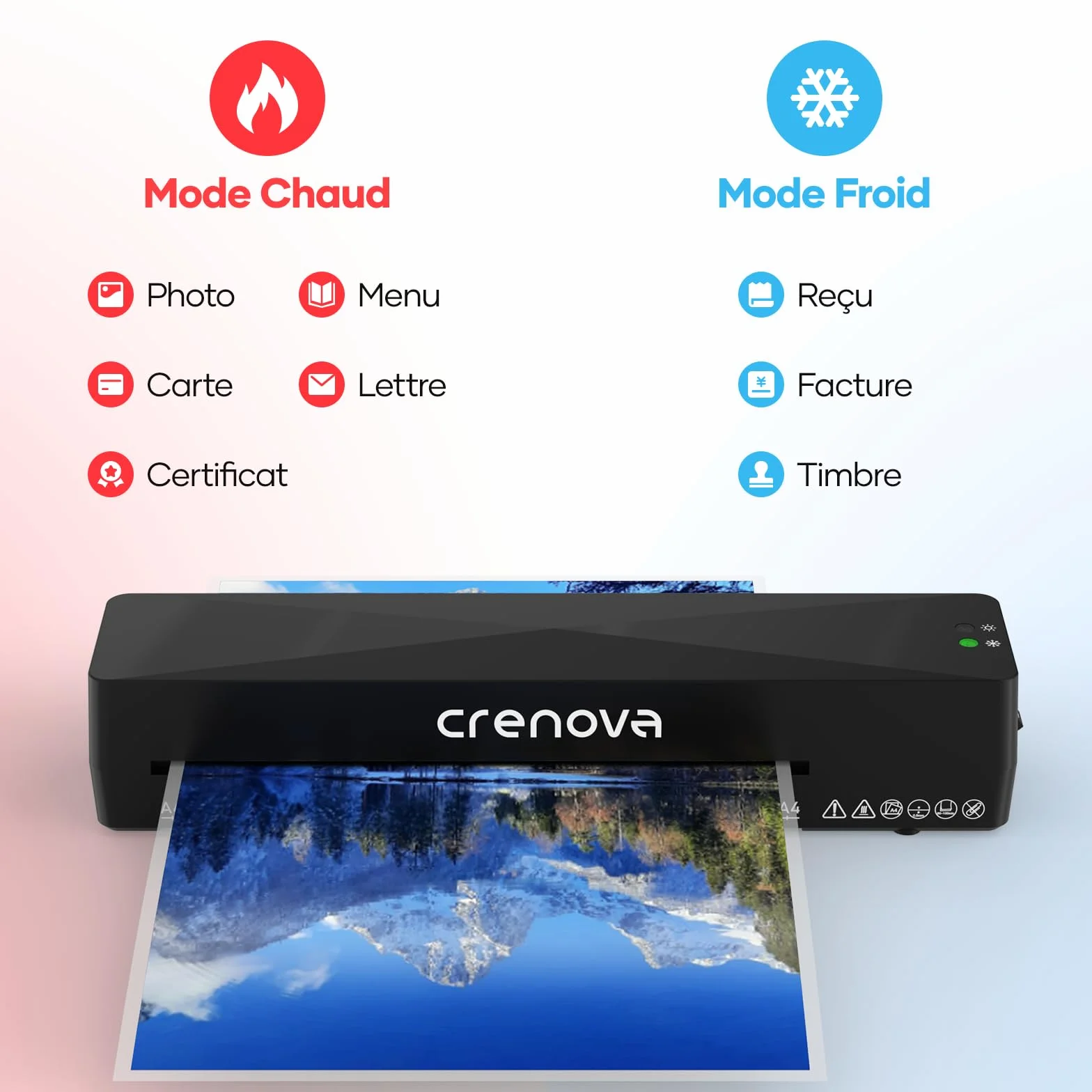 Crenova Plastifieuse A4/A5/A6, Modes Chaud et Froid, Massicot Intégré, Anti-Bourrage, Préparation Rapide, Noir