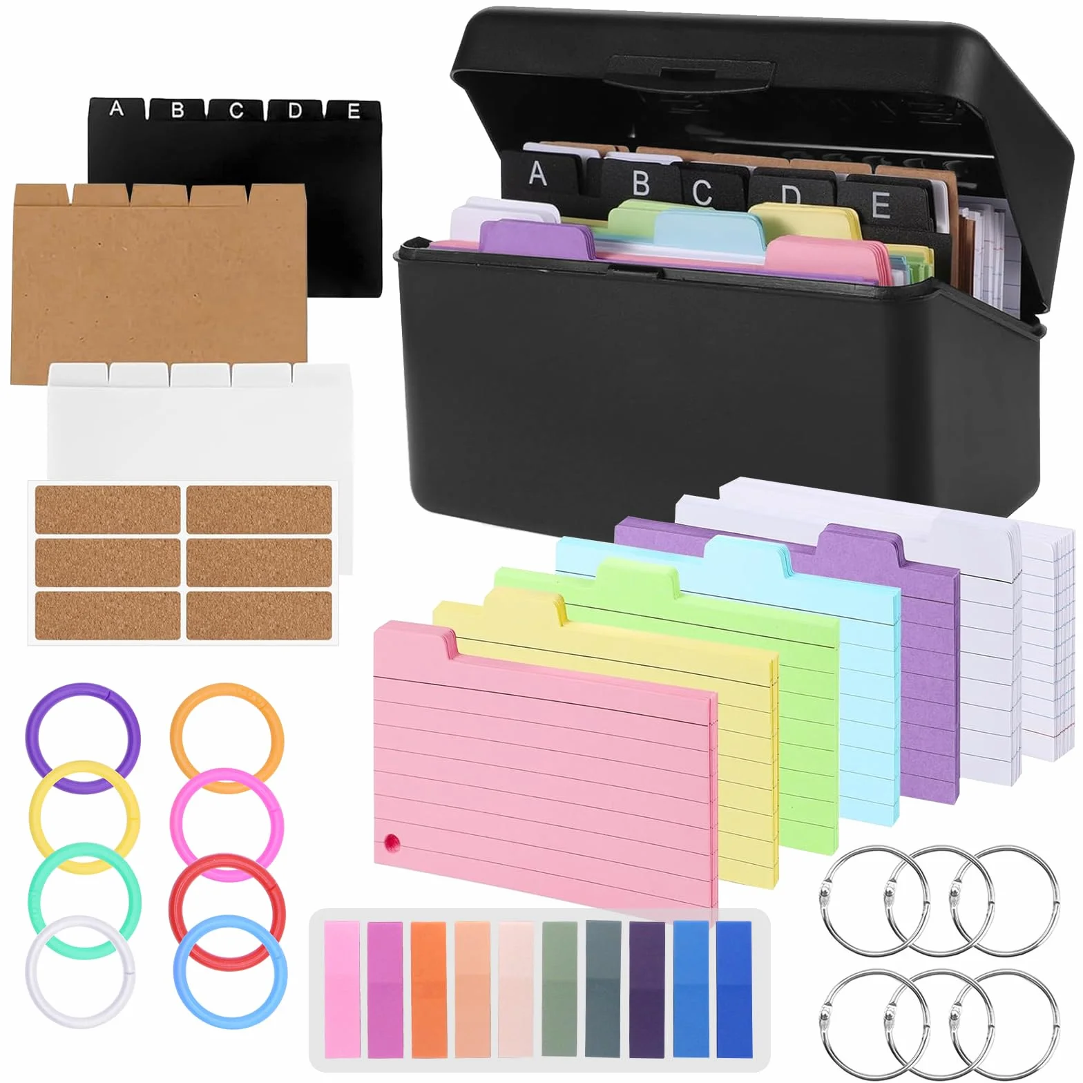 Kit de Boîtes à Fiches avec Étui Noir pour Cartes de Révision, 230 Fiches Adhésives, 15 Fiches Bristol, 15 Anneaux de Classeur