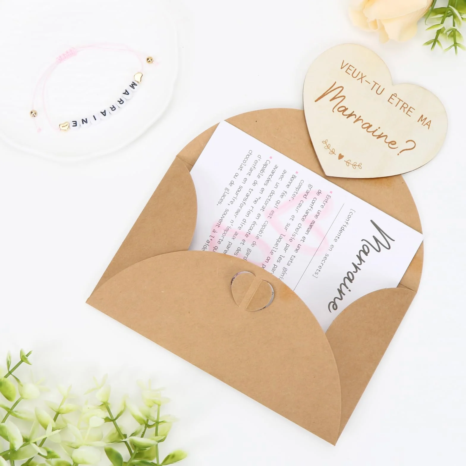 Carte de Demande en Bois pour Marraine, Bracelet avec Lettres, Idées Cadeaux