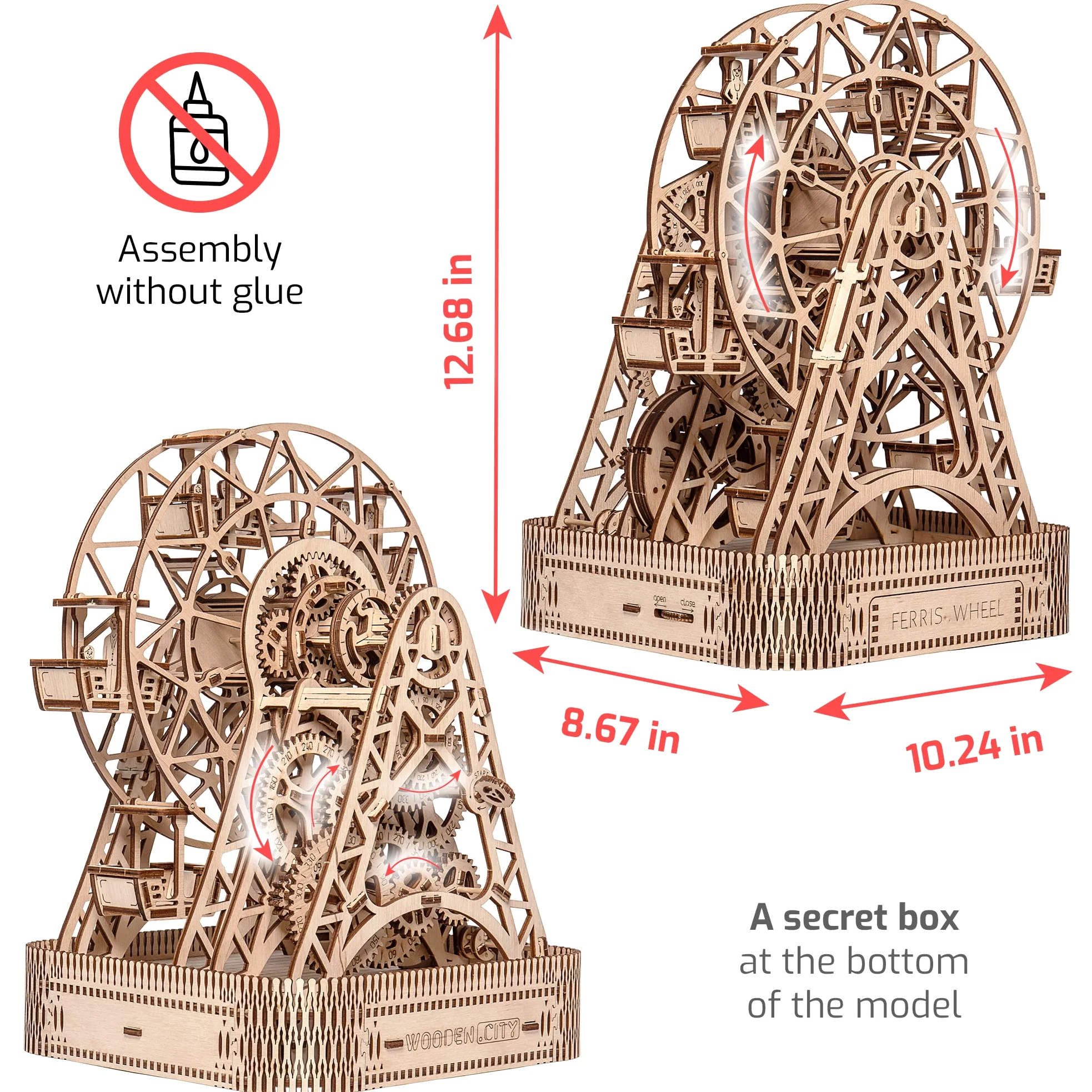 WOODEN.CITY Puzzle 3D Grande Roue Mécanique - Maquette en Bois à Construire - Puzzle Adulte - Découpe Laser - Cadeau Unique pour Homme, Mari, Partenaire, Collègue - 220mm x 260mm x 322mm