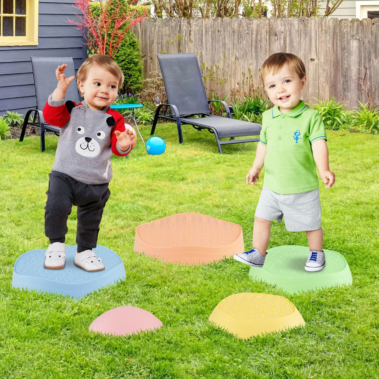 GOPLUS Pierres d'Équilibre pour Enfants, 5 Pièces Parcours de Motricité Antidérapantes Empilables avec Sac de Rangement