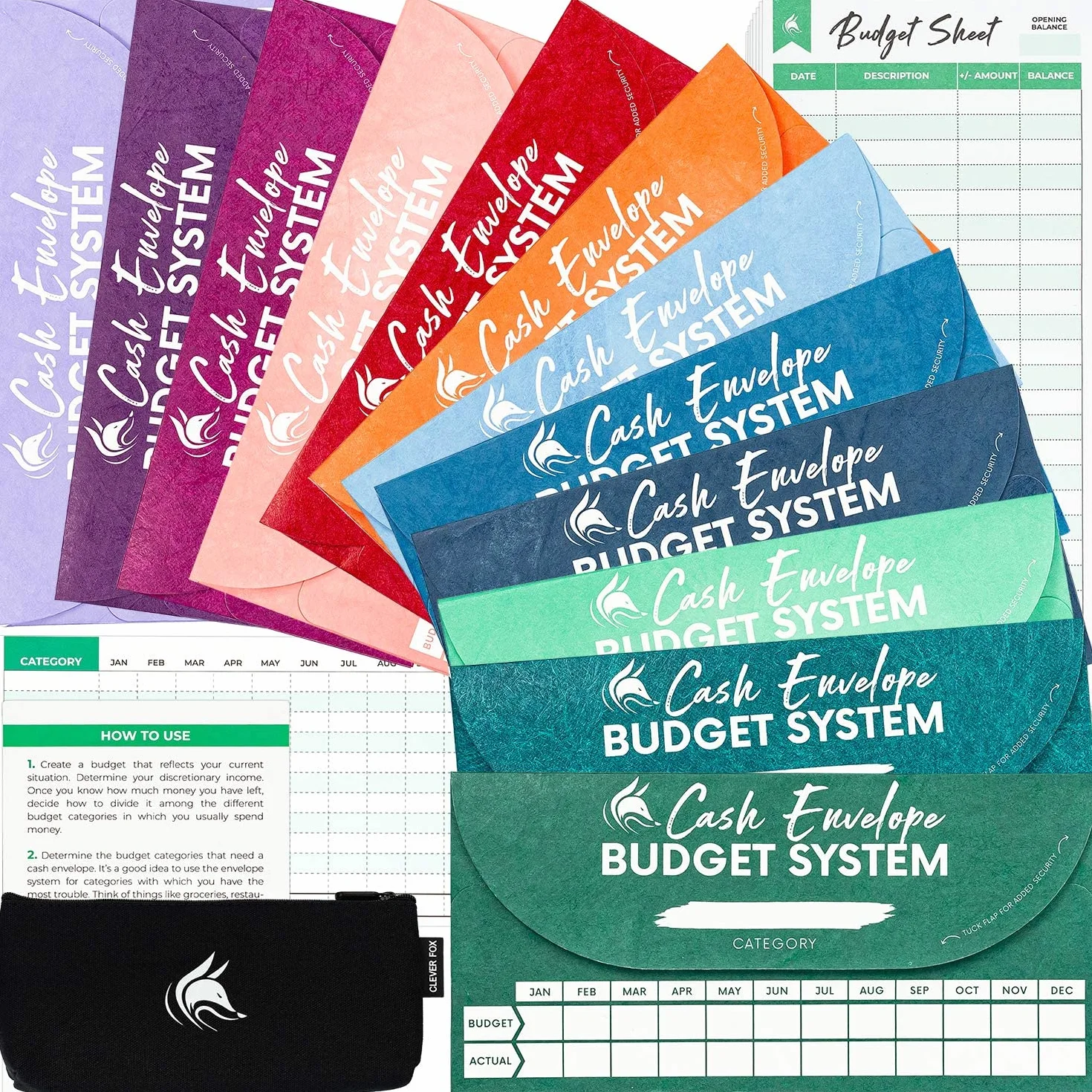 Clever Fox Enveloppes de Caisse Système Budgétaire, 12 Couleurs, Résistant à la Déchirure et à l'Eau, Pochette de Transport 12 Feuilles de Budget Suivi Dépenses
