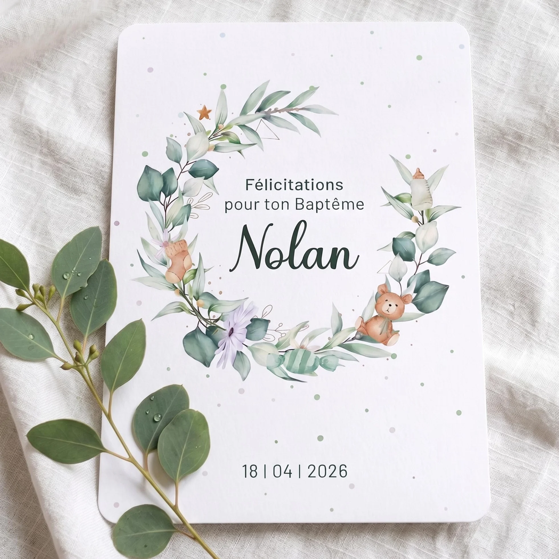 Carte félicitations baptême personnalisée, couronne fleurs, prénom, date, texte personnalisable, thème bleu garçon