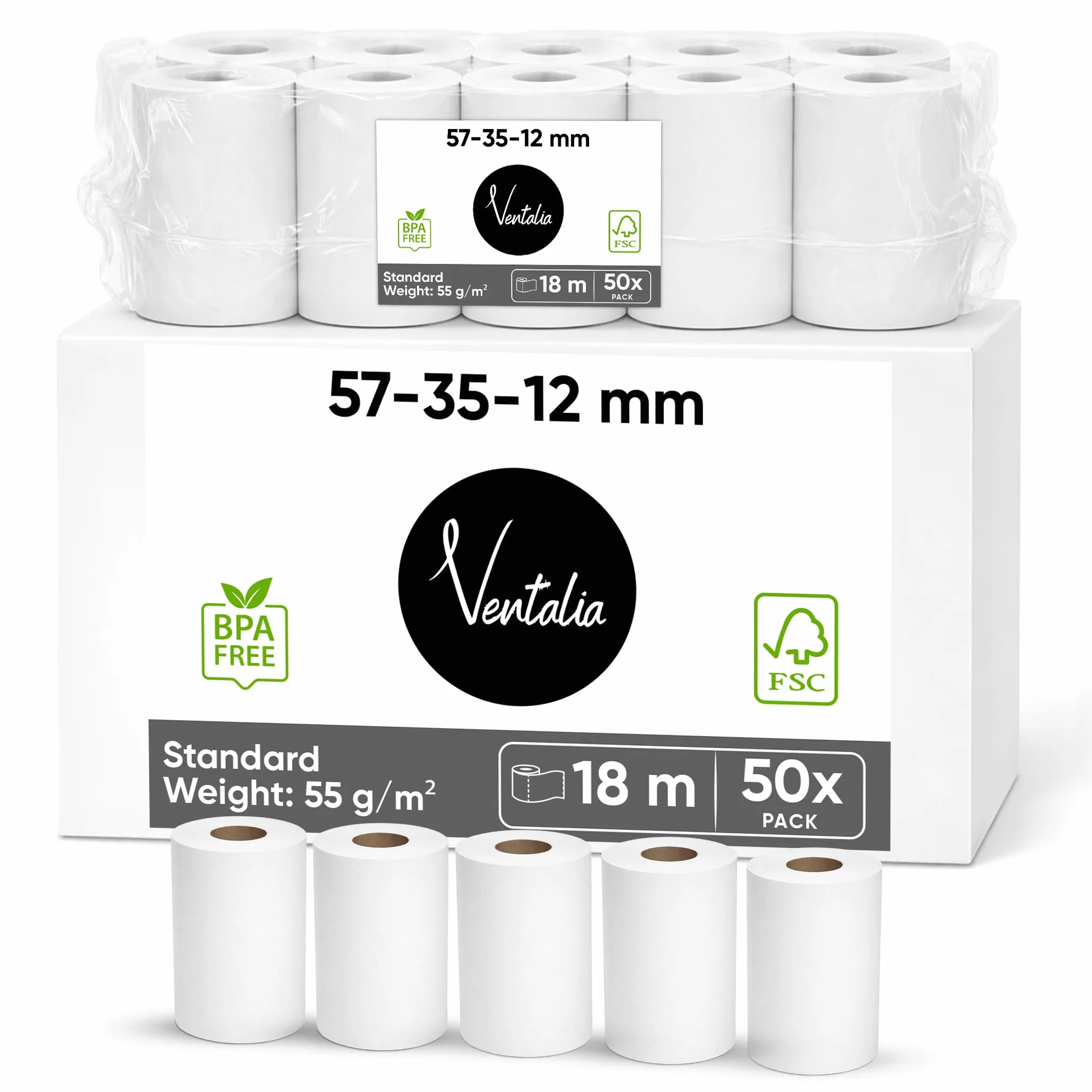 Rouleaux Papier Thermique Sans BPA 57x35x12 mm (18 m) Compatibles Ingenico Verifone SumUp PAX Nexgo myPOS