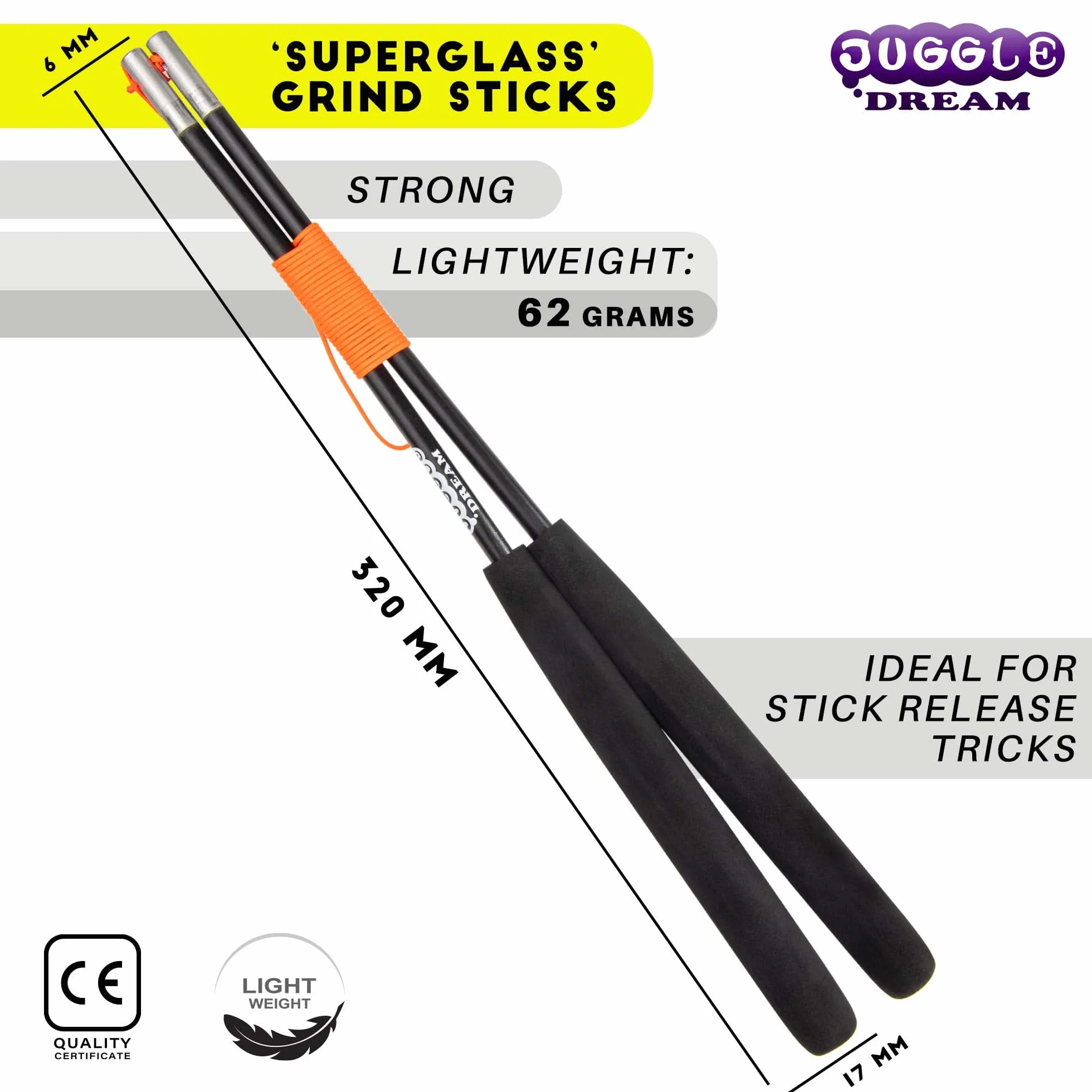 Juggle Dream Diabolo Jonglage Baguettes Superglass Fibre de Verre Solides Légères Grinds Bâton Noir