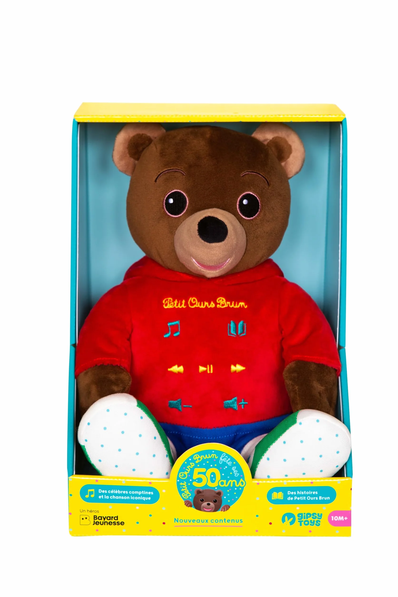 Peluche Interactive Petit Ours Brun 50 Ans 28 cm Marron Rouge Boîte Cadeau Version FR