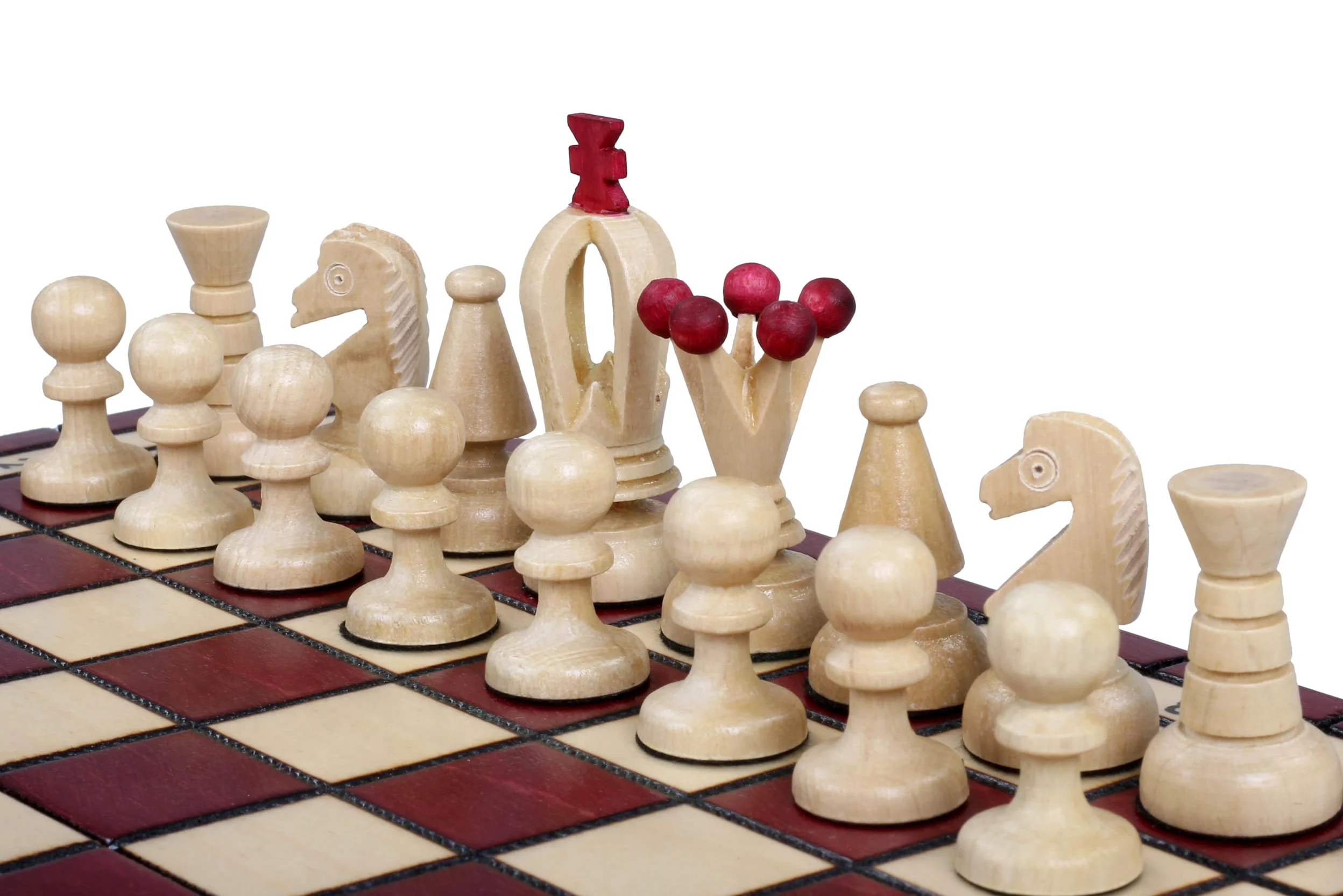 Sunrise Chess & Games Échecs royaux compacts en bois, 30 cm, rouge cerise | Planche pliante de 30 cm, format compact, compartiment intérieur pour figurines, version cerise, poids 0,6 kg