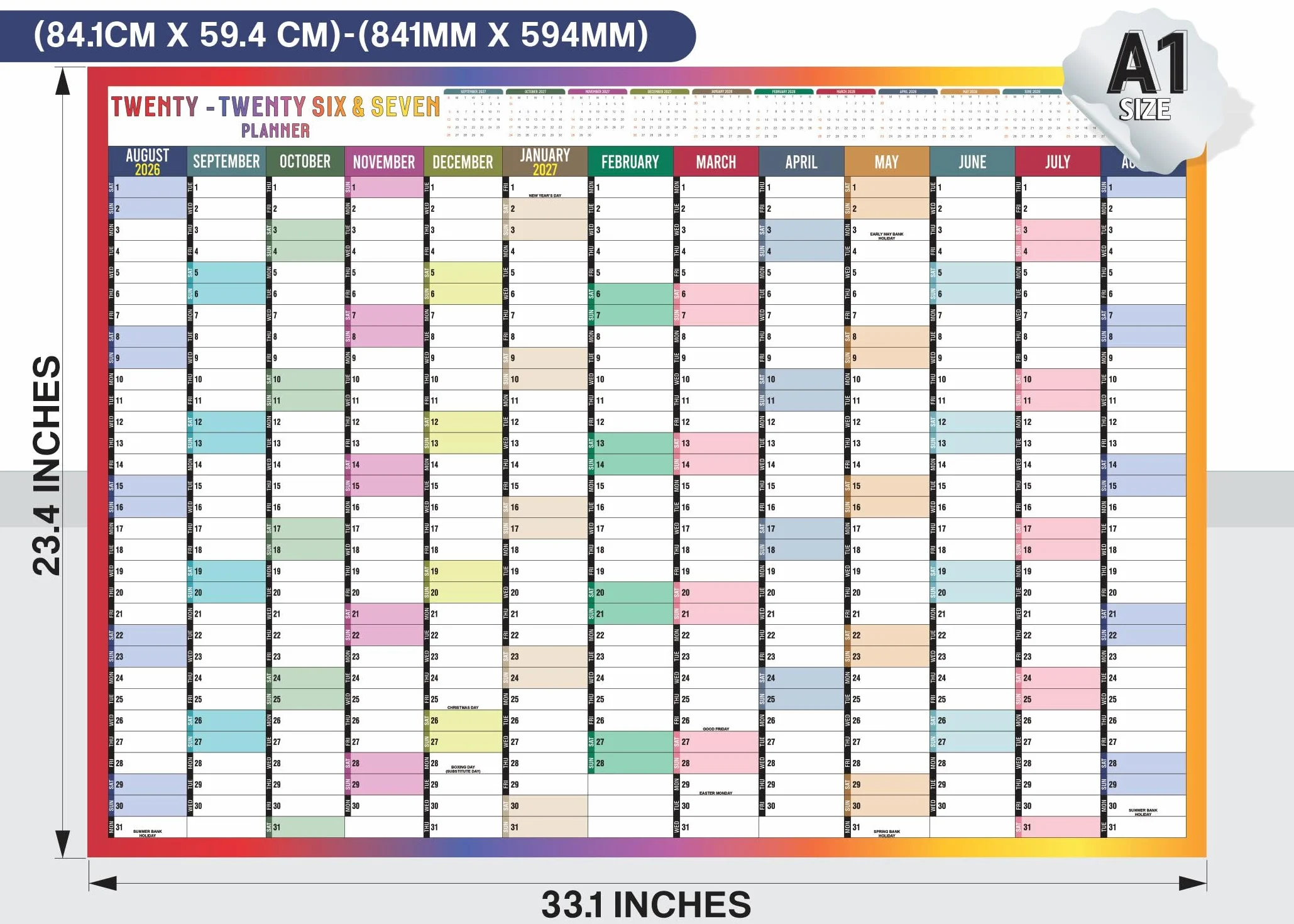 Planificateur mural A1 2025-2026 Calendrier scolaire annuel 59,4 x 84,1 cm