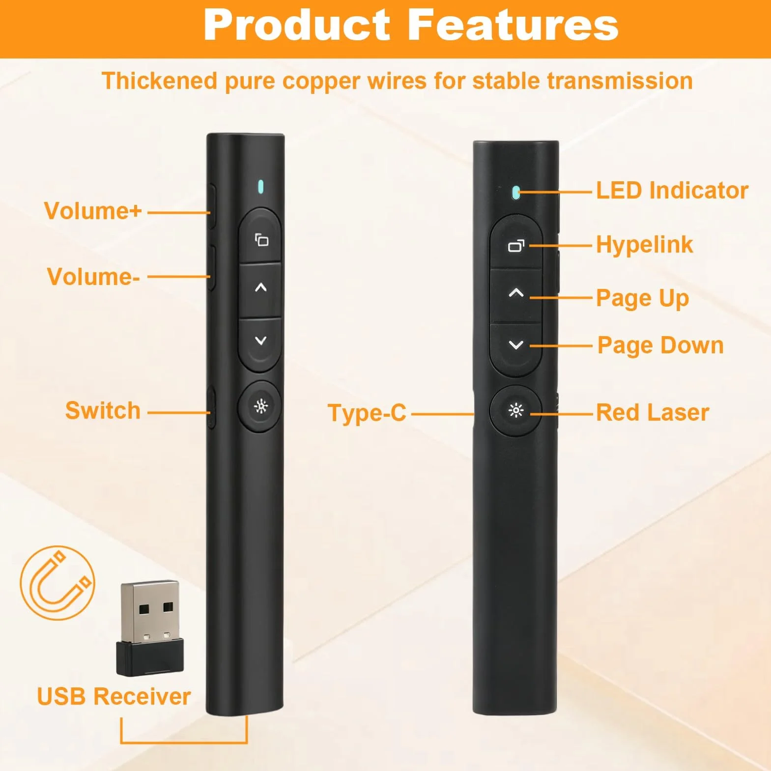 Télécommande Présentateur 2.4GHz USB sans Fil Rechargeable avec Hyperlien Contrôle du Volume pour Powerpoint Enseignement Bureau Mac PC Noir