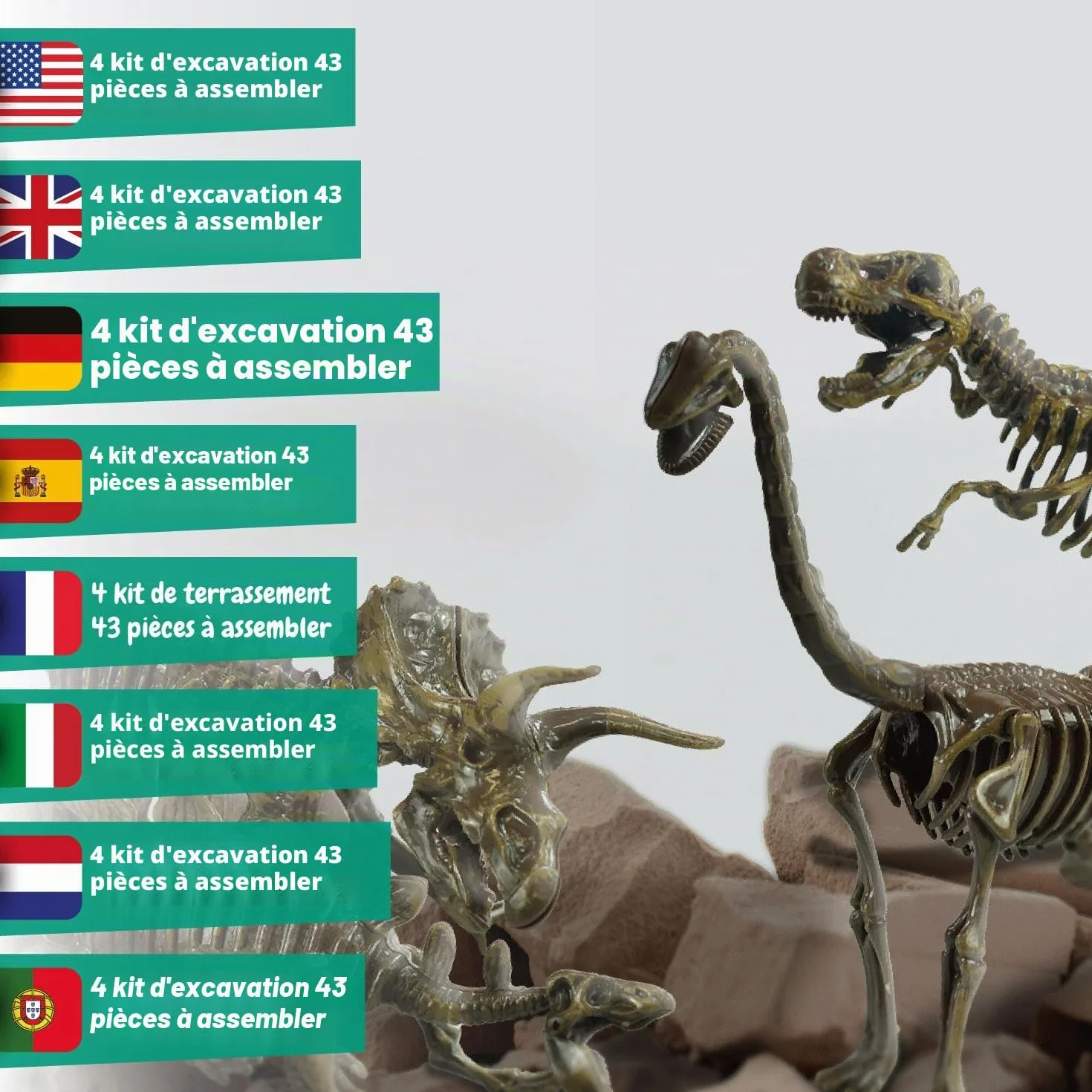 Science4you Kit de Fouille de Fossiles 4 en 1 pour Enfants 5-10 Ans - Excaver et Assembler 4 Dinosaures T-Rex Triceratops Velociraptor Stegosaurus