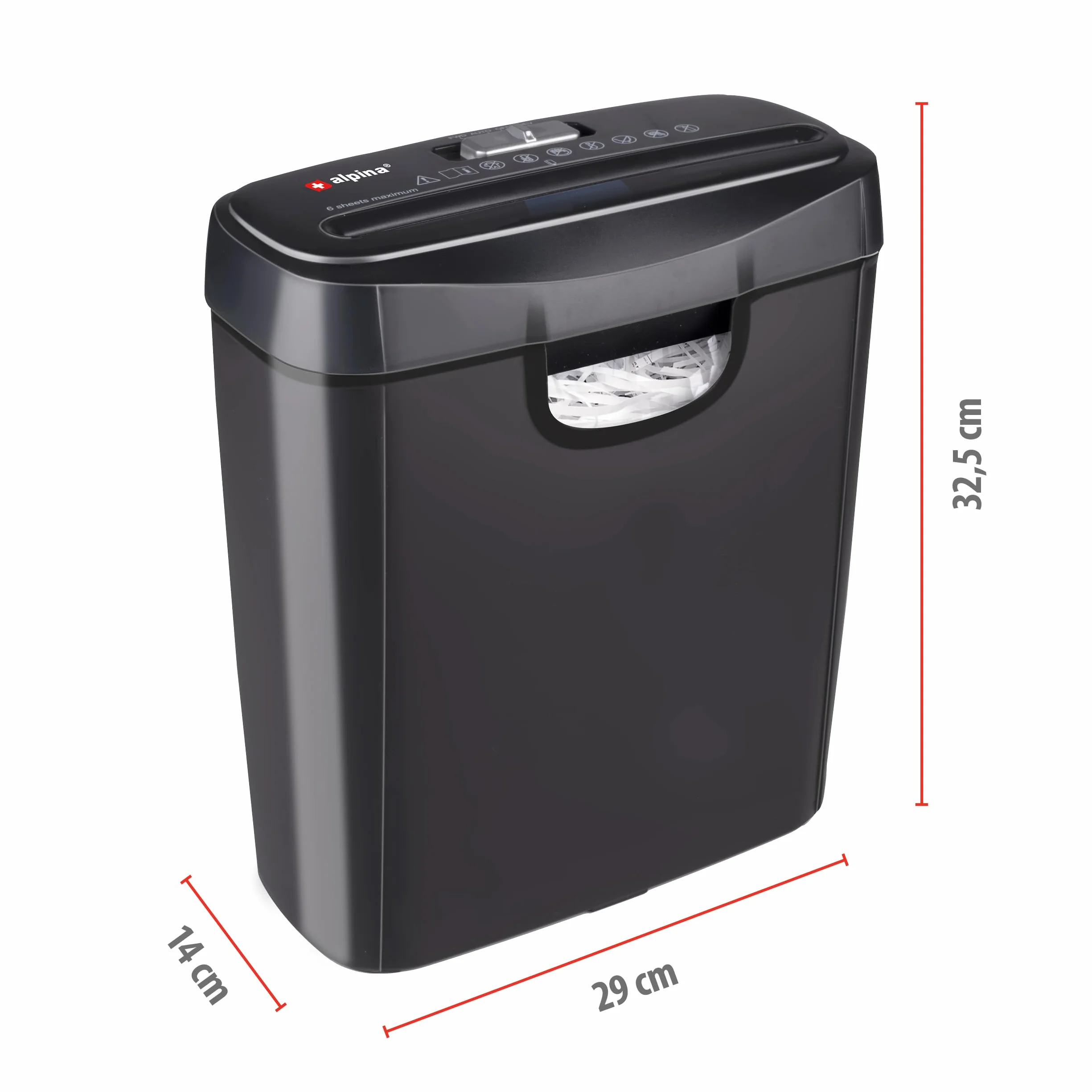 Alpina Destructeur de Documents Papier 6 Feuilles A4 Bac 10L 190W Noir