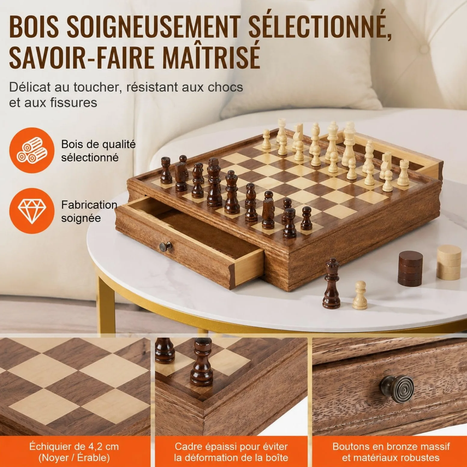 Jeu d'échecs et de Dames 2 en 1 en Bois avec tiroir de Rangement, pièces lestées et 2 Reines
