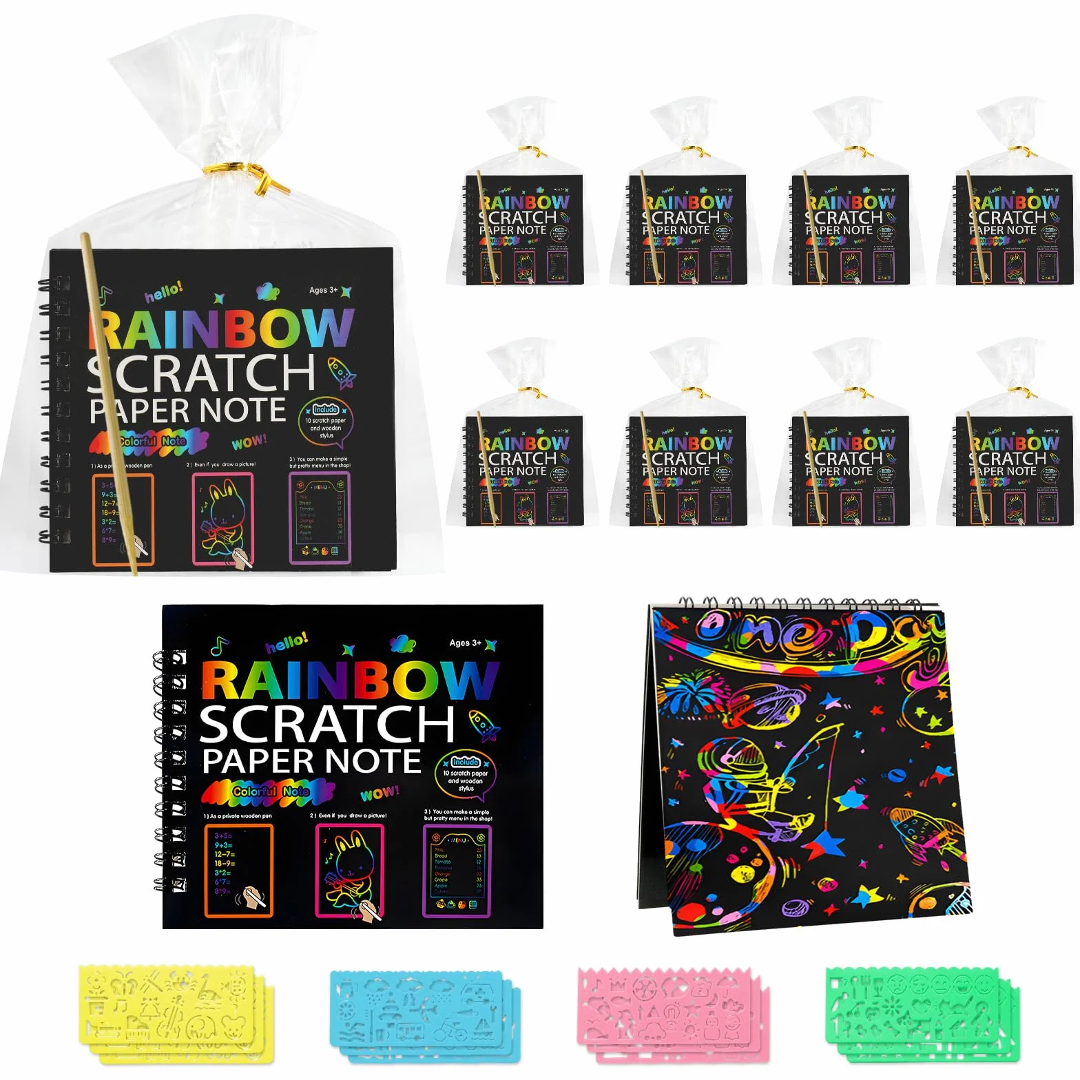 Carte à Gratter Enfant 12 Pack Notes Arc-en-ciel Livre d'Art à Gratter avec Stylo Bambou