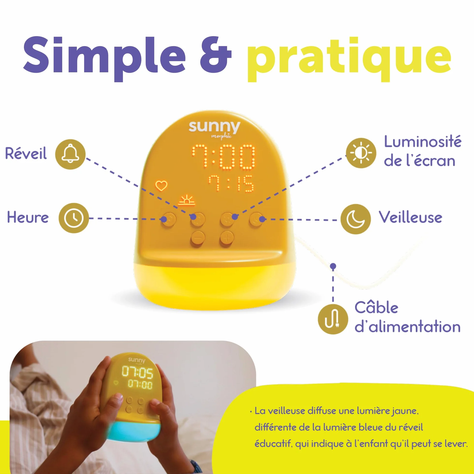 Sunny Morphée Réveil Enfant 365 Découvertes Audio Veilleuse Jour/Nuit 3-10 Ans Prise Secteur