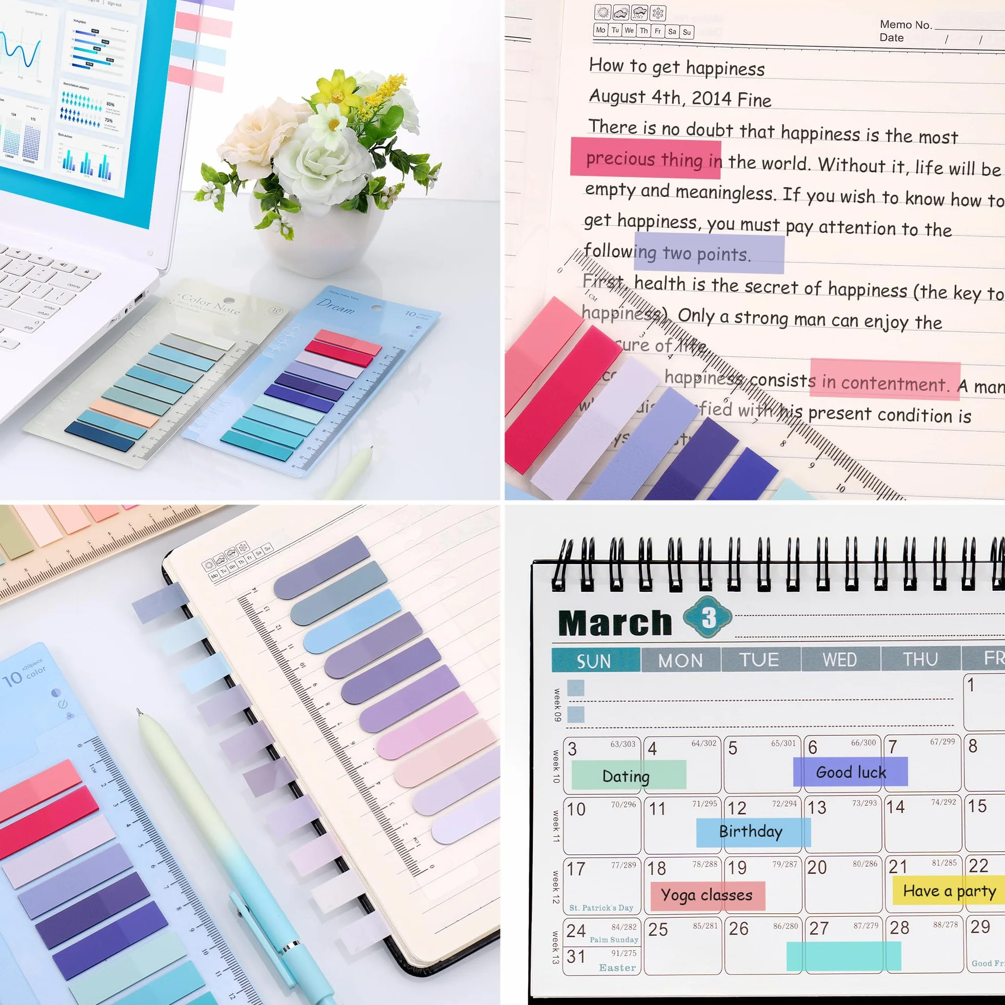 JIANTA 2000 Pièces Marque Page Adhésif, 10 Styles Index Tabs avec Règle, Bookmark Sticky Notes