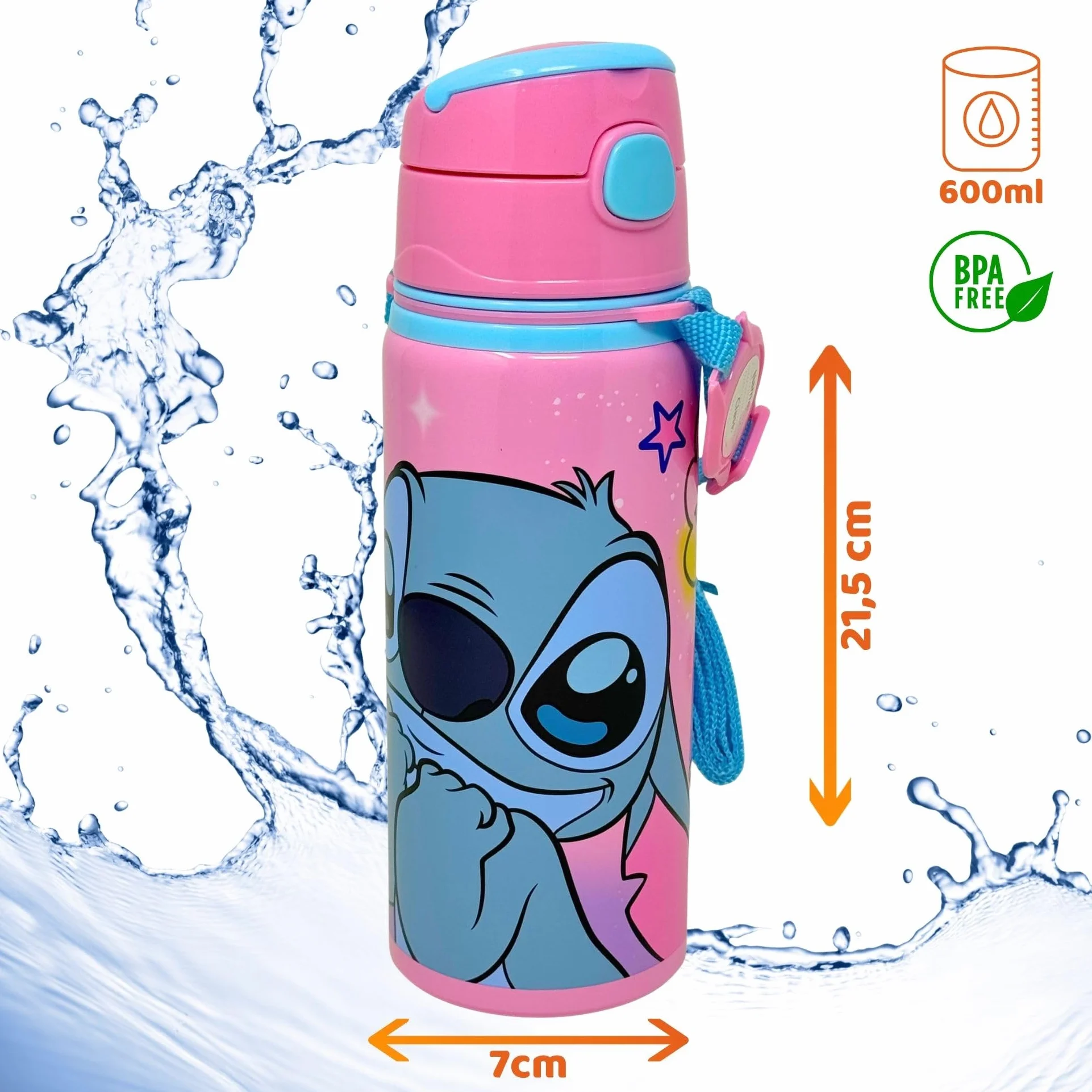 Gourde Enfant Fille Stitch 600ml Bouteille Eau Aluminium Paille Anti-Fuite Sans BPA