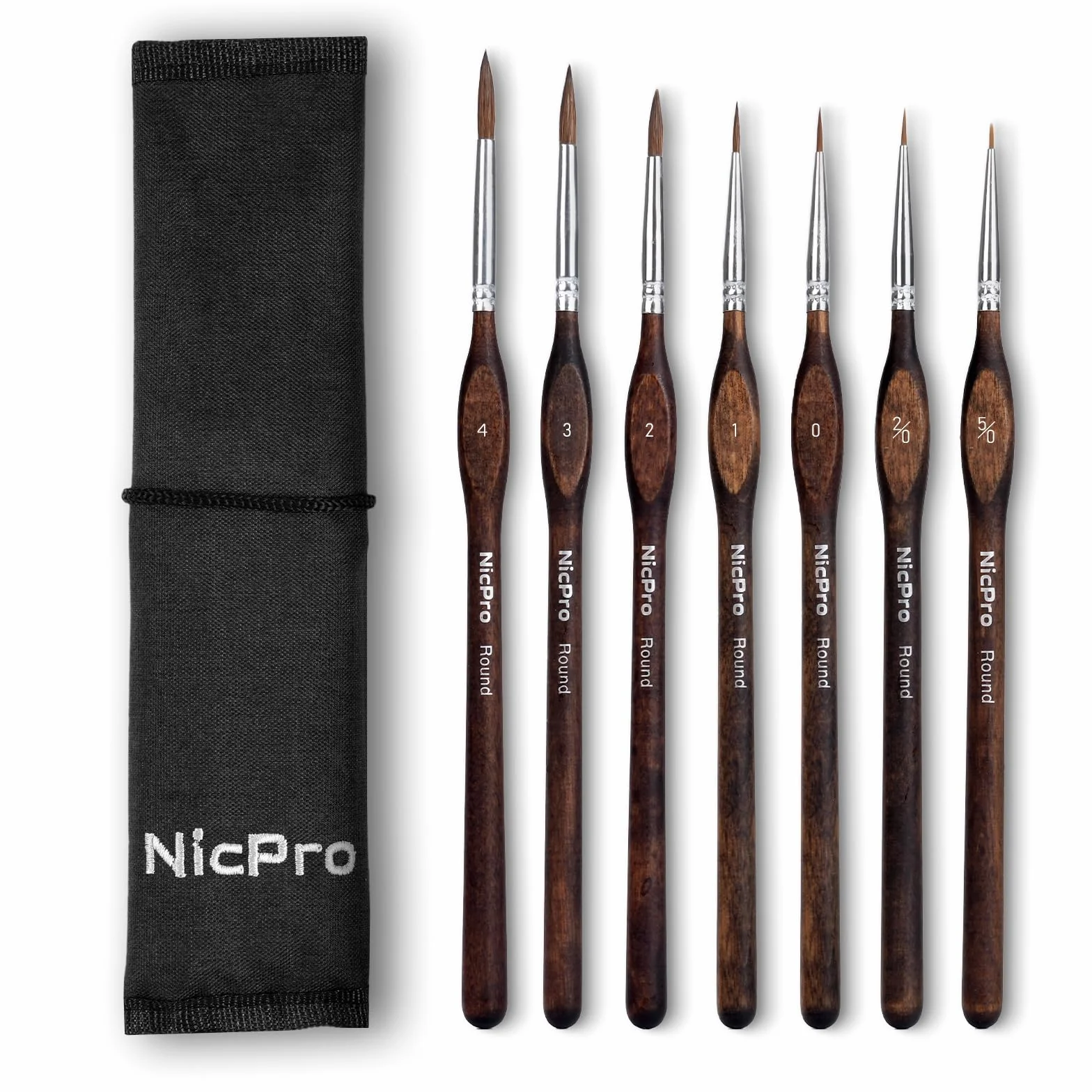 Nicpro 7 Pinceaux Miniatures Poils de Martre Kolinsky, Pinceaux Peinture Professionnels Pointe Ronde avec Étui Tissu pour Acrylique Figurines Modélisme