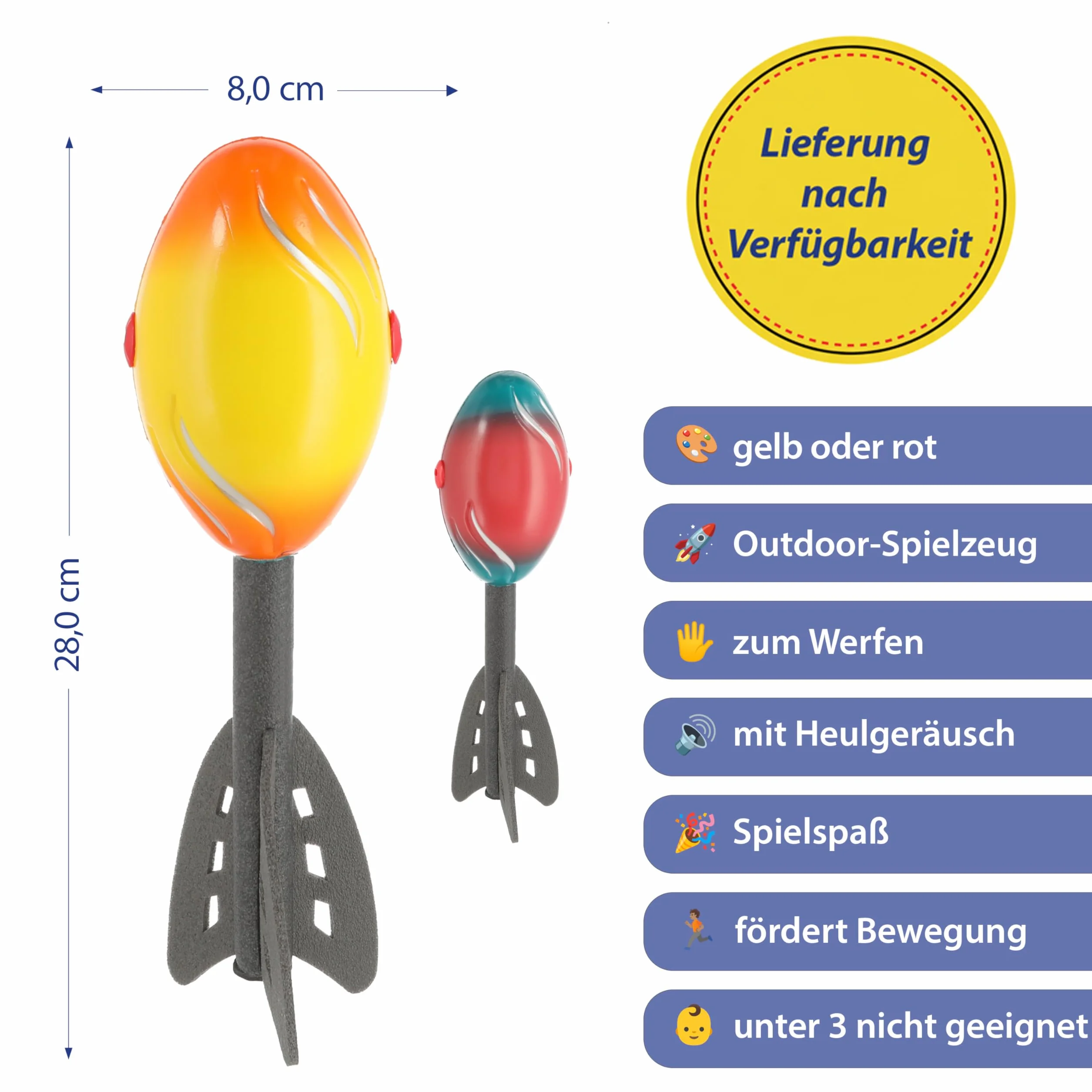 Heuler Lot de 2 fusées de lancer en plastique rouge et jaune 28 cm jouet d'extérieur avec sifflet