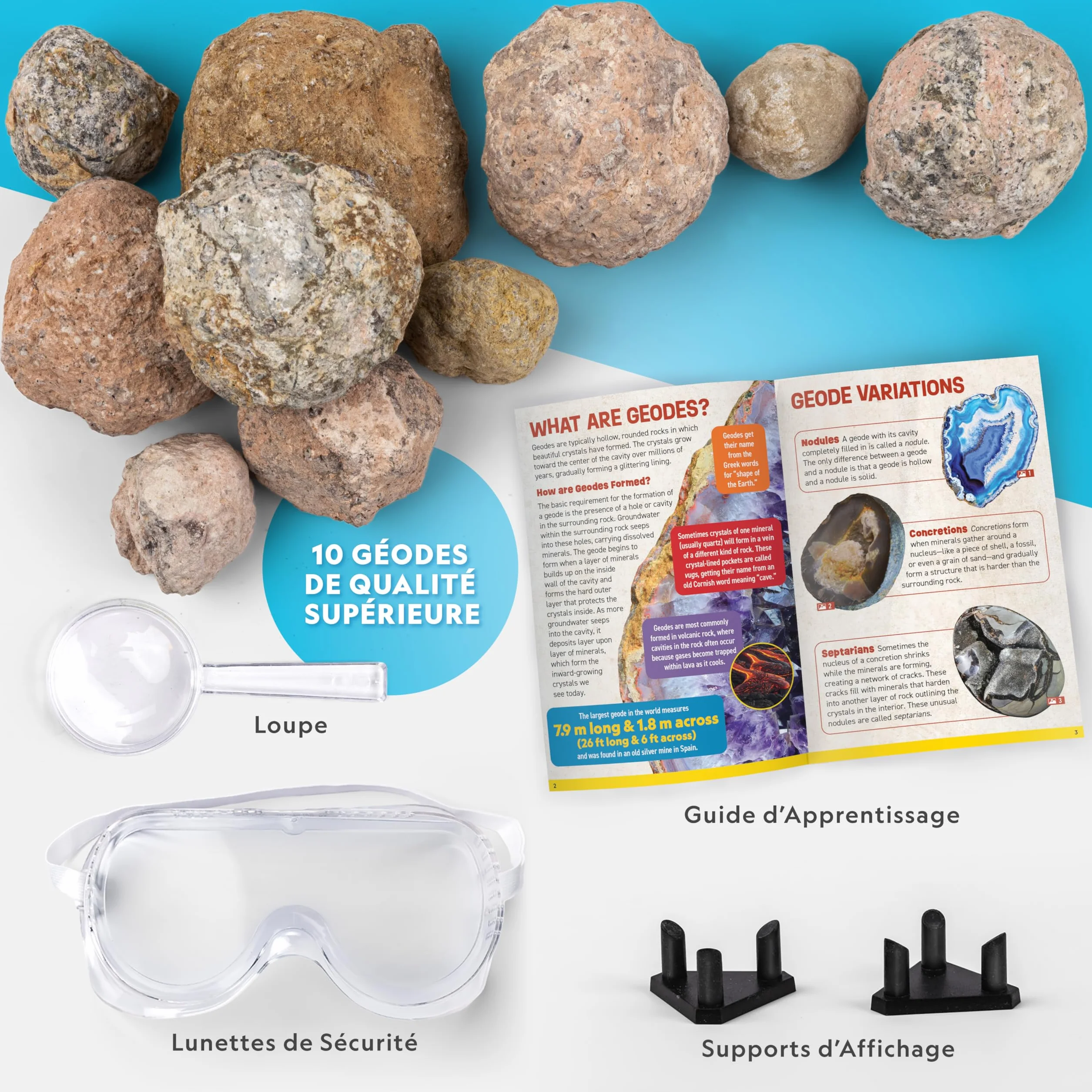 National Geographic Kit Scientifique CTIM 10 Géodes à Casser avec Lunettes Supports Cadeau Géologie Enfants