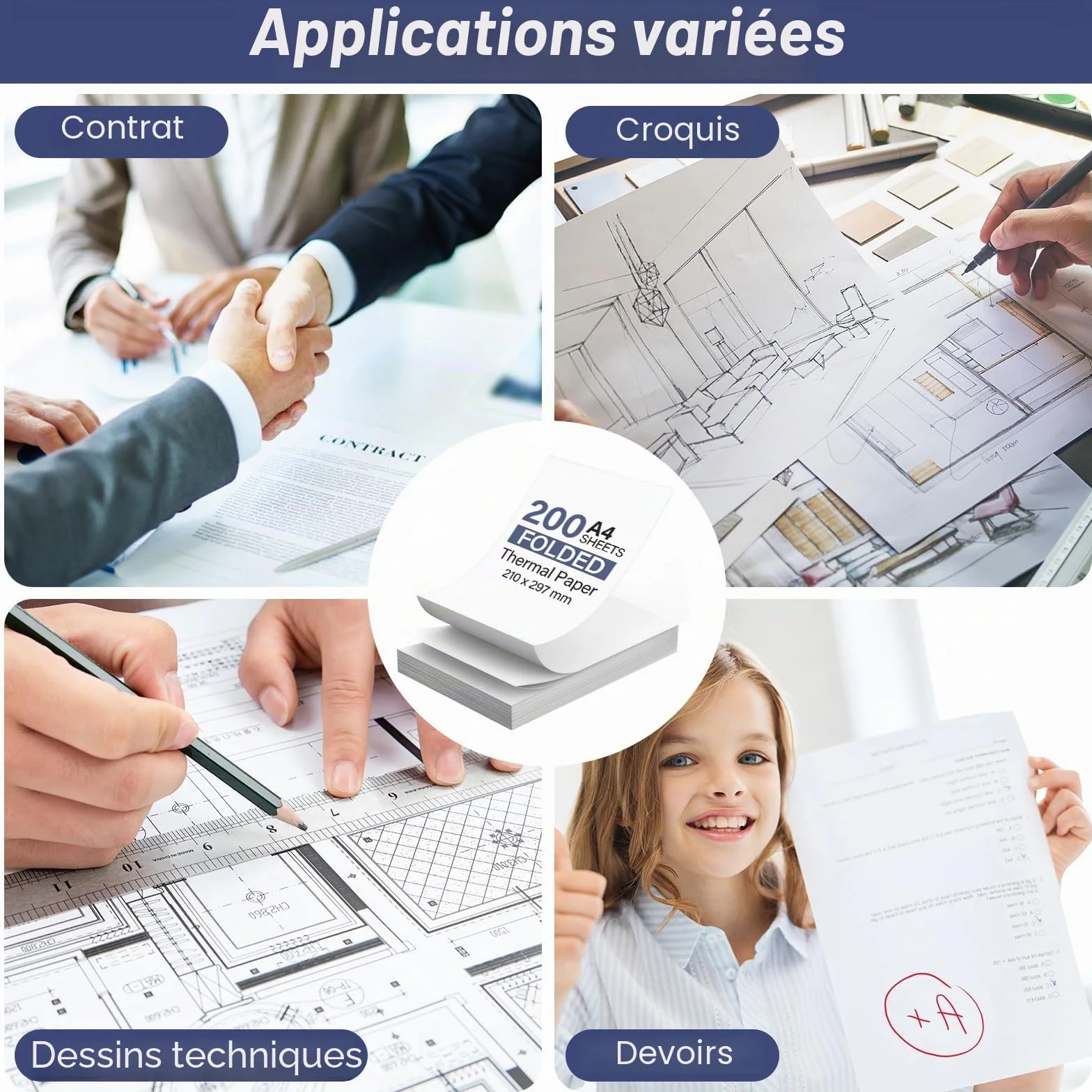 Papier Thermique A4 Pliable 200 Feuilles, Sans BPA, Séchage Rapide, Compatible Imprimantes Thermiques A4 pour Fichiers, Photos, Notes