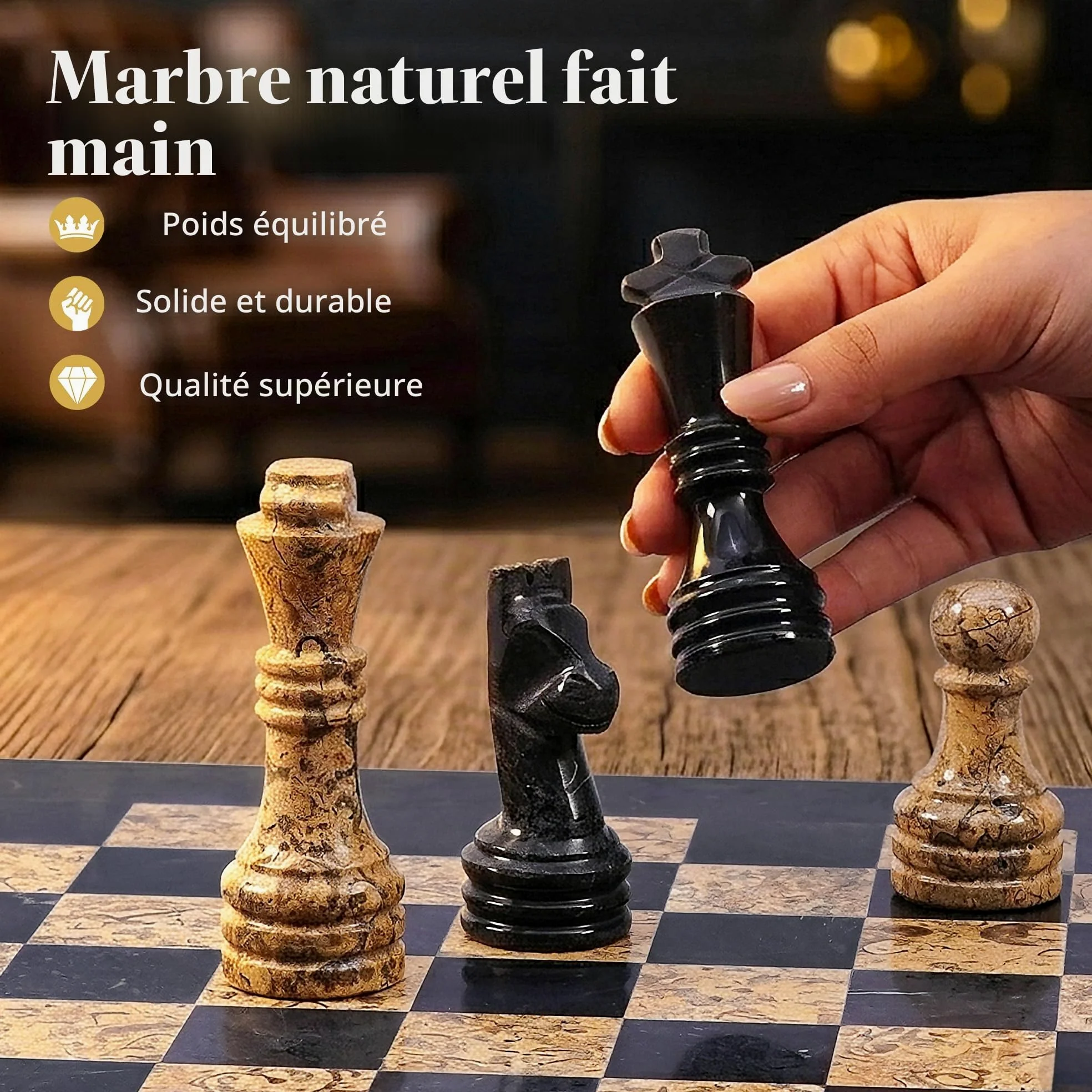 Radicaln Jeu d'échecs en marbre 38,1 cm Noir et Corail fossile Jeux de société Faits à la Main pour Adultes – 1 échiquier et 32 ​​pièces d'échecs – Jeu d'échecs pour Adultes