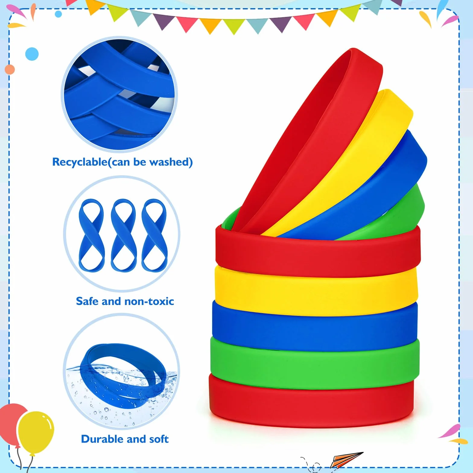Bracelet en silicone pour enfants lot de 100 17,8 cm vert 4 couleurs 8-12 ans