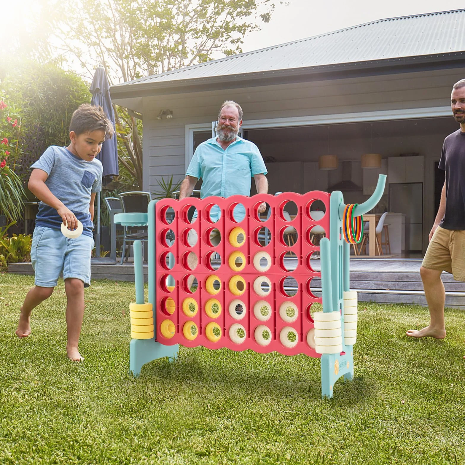 HOMASIS Jeu géant 4 Gagnants, Jeu 4 en 1 avec Panier de Basket & Lancer, Jeu de Stratégie avec 42 Anneaux, XXL Jeu de société Jouet pour Enfants & Adultes Extérieur