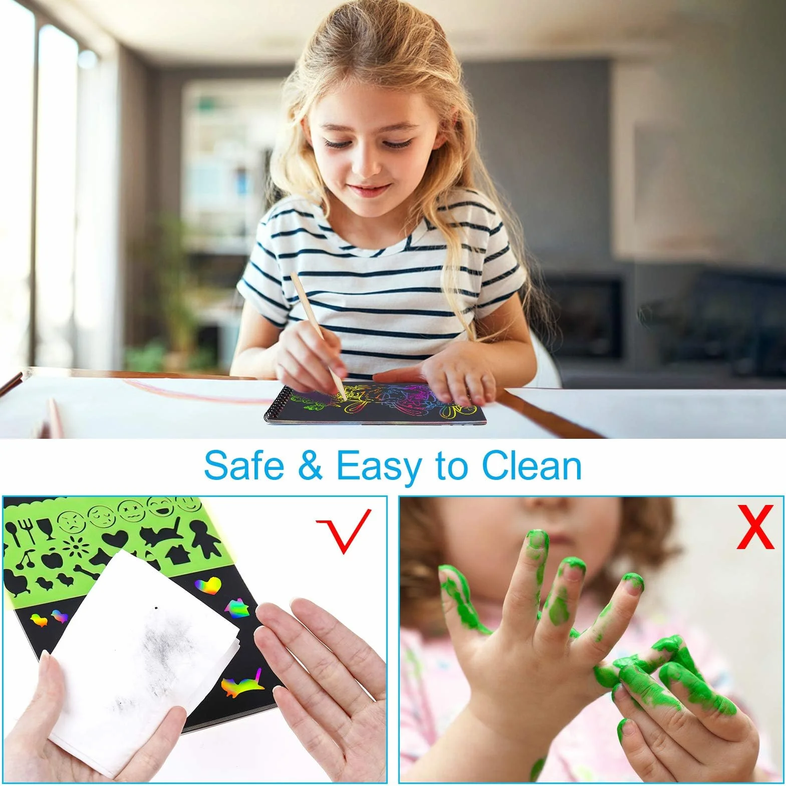 MELLIEX Dessin Gratter Enfants 2 Packs Scratch Art Livres Coloriage Papier Noir 4 Règles Gabarit 4 Stylets Bois
