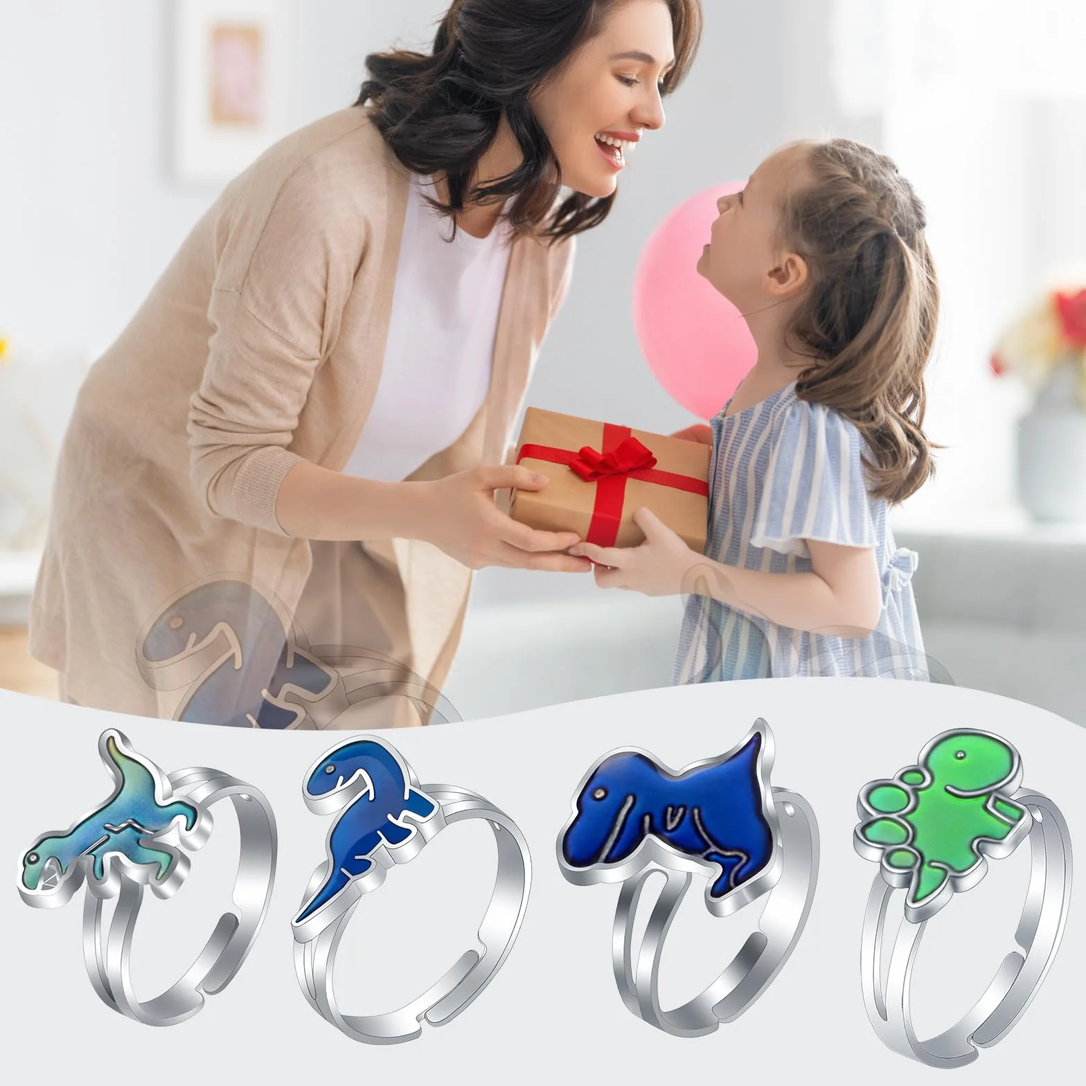Bagues dinosaures d'humeur, bagues à changement de couleur réglables, jeu de 4