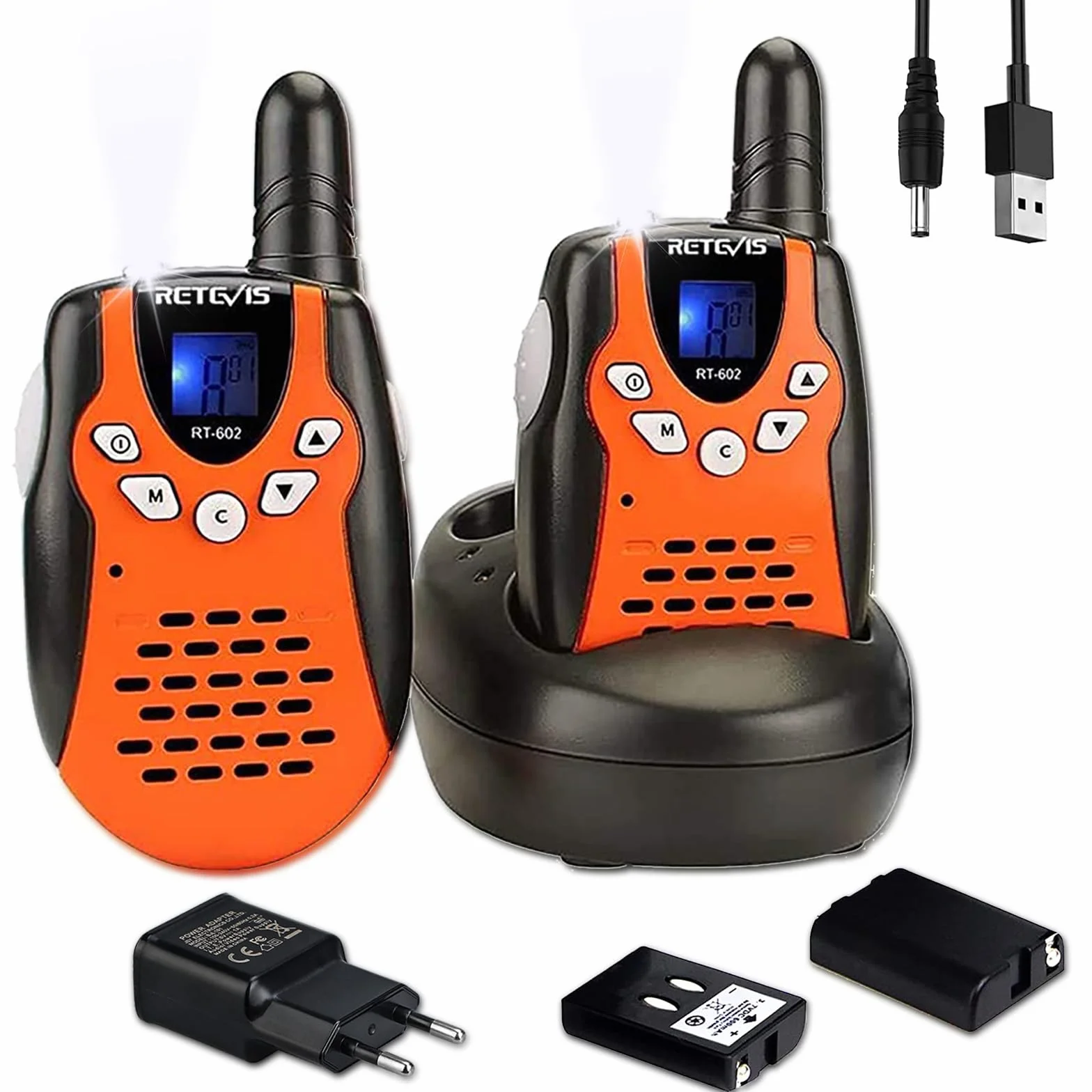 Retevis RT602 Talkie Walkie Enfant Rechargeable avec Base de Chargement et Batterie Li-Ion, Lampe Poche, Cadeau Camping Aventure (1 Paire, Orange)