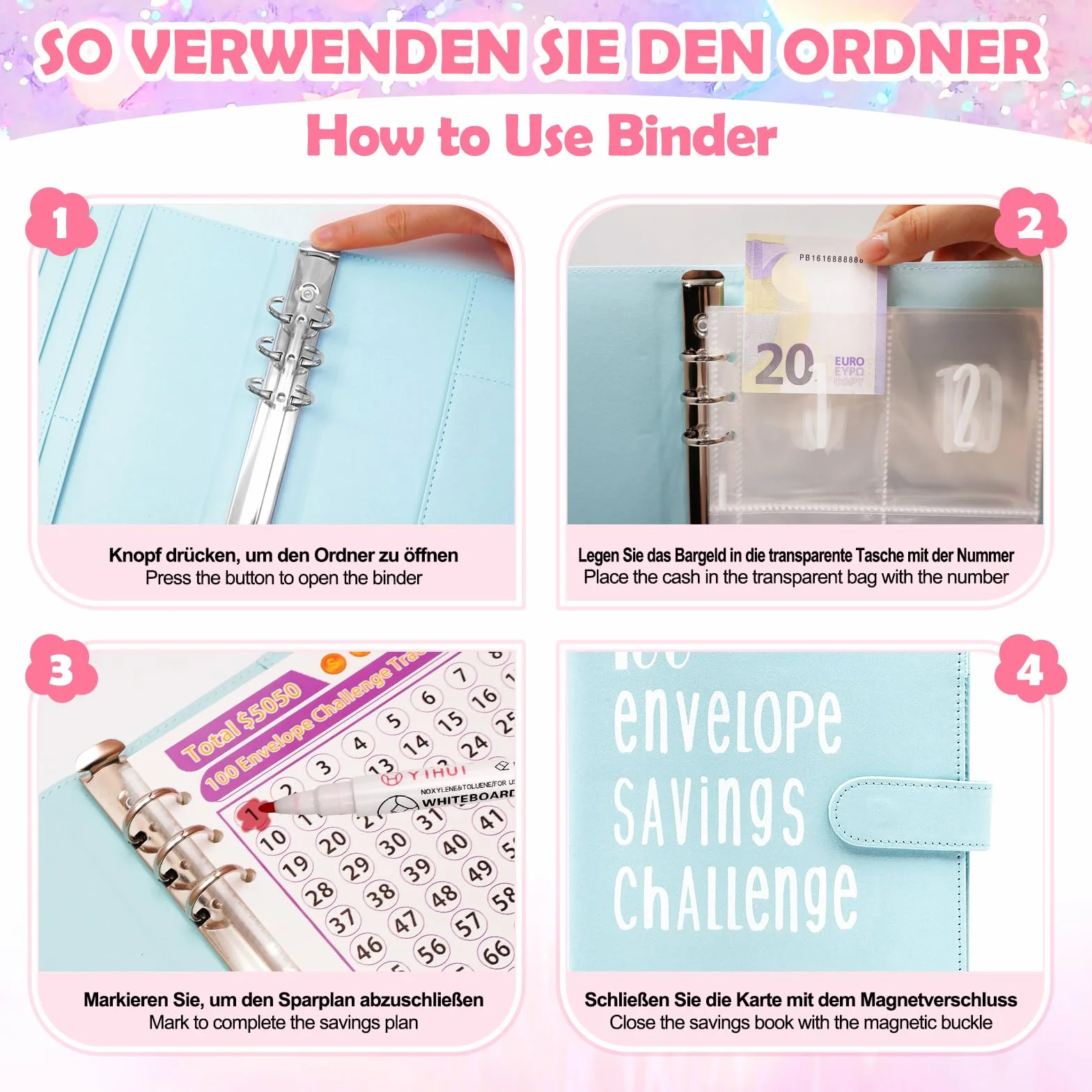 A5 Classeur Budget avec 100 Enveloppes, Planificateur Épargne, Bleu