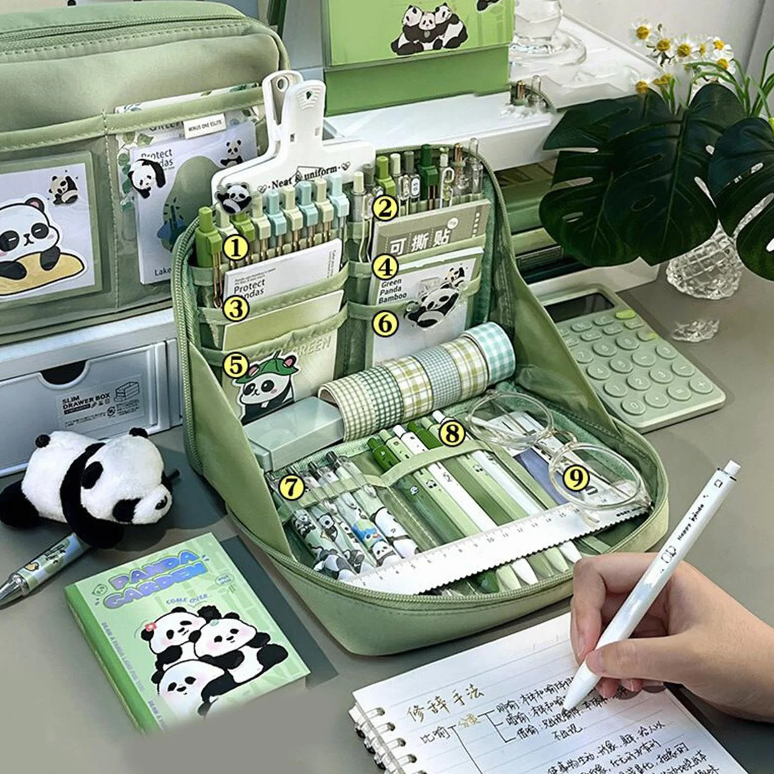 Ensemble de fournitures scolaires panda, kit papeterie avec carnet, trousse, règle, stylos et autocollants