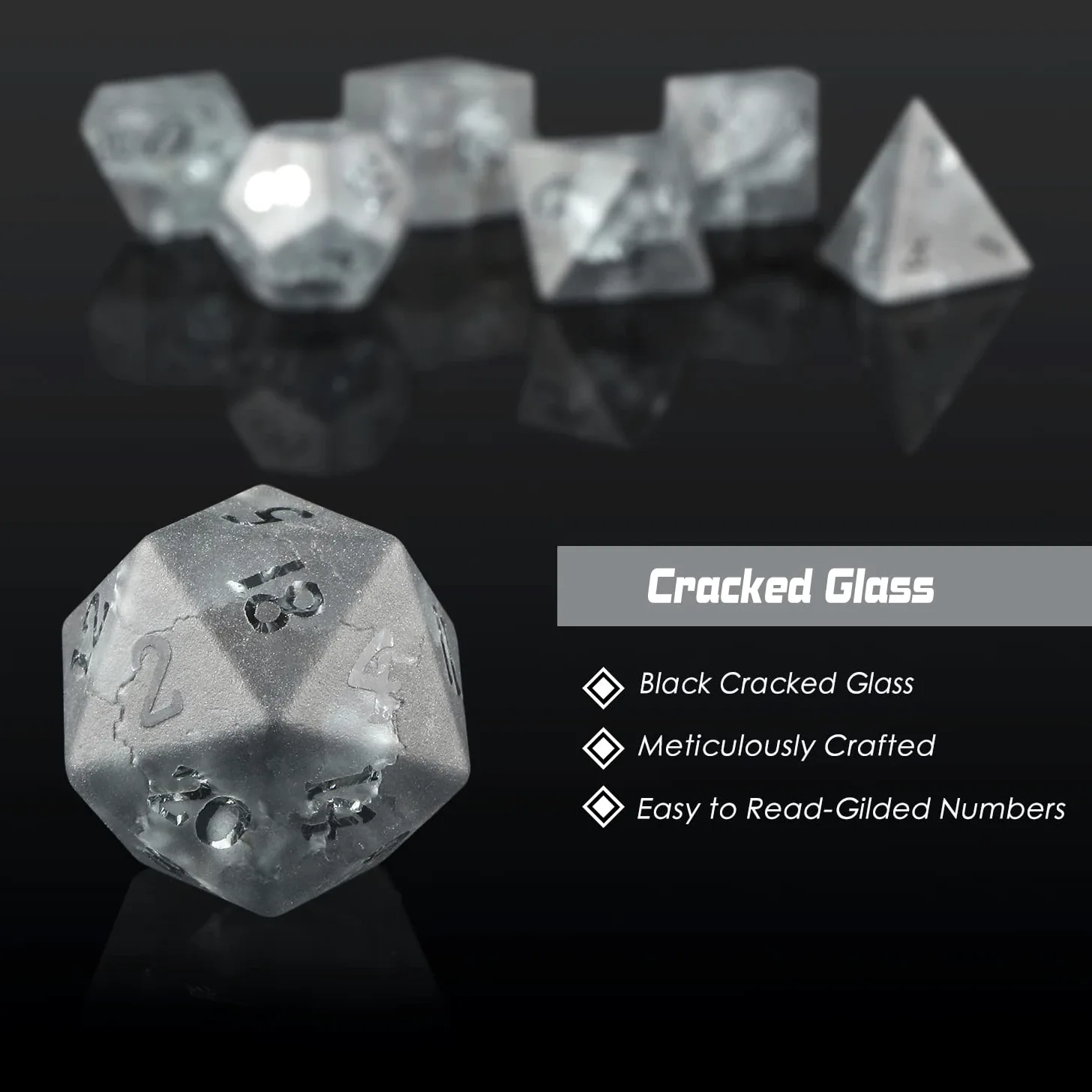 Lot de 7 dés DND en verre craquelé en zircon noir avec excellent étui cadeau pour jeu de table Donjons DND et dragon (verre noir avec chiffres rasés)