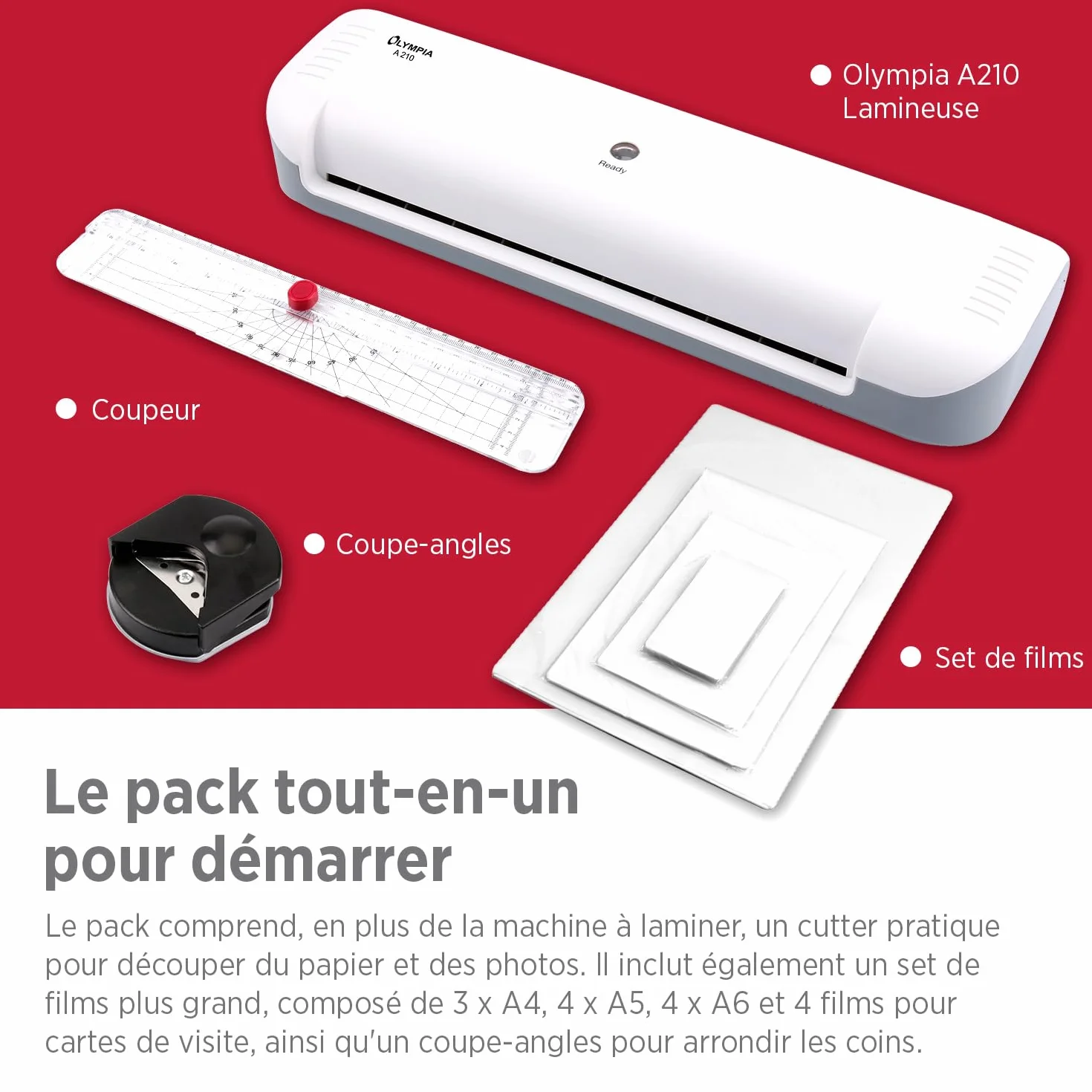 Olympia Plastifieuse A210 4 en 1 A4 | Plastifieuse, coupe-papier et arrondisseur d'angle pour bureau école maison