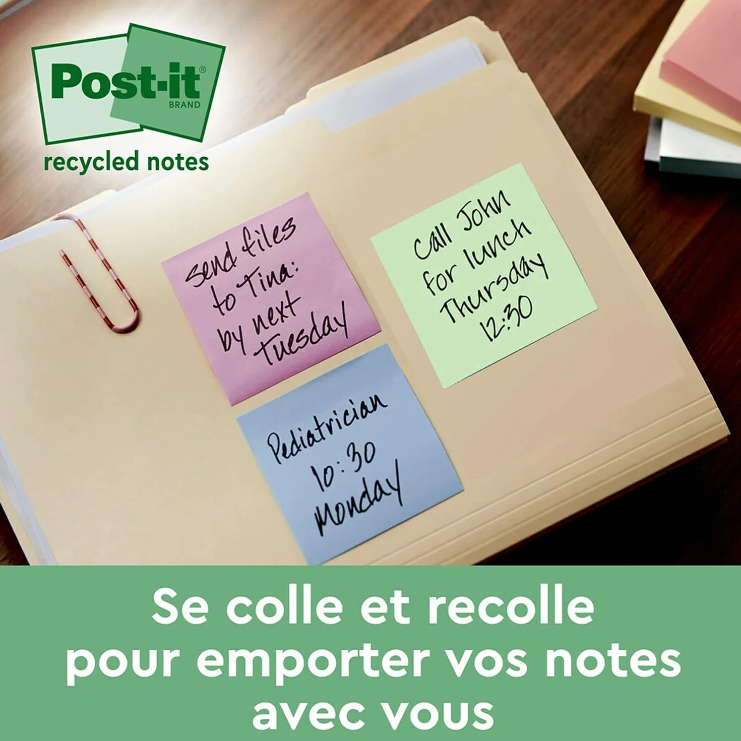 Post-it Notes Autocollantes Super Sticky Recyclés 12 Blocs 70 Feuilles 47.6 mm x 47.6 mm Papier 100% Recyclé