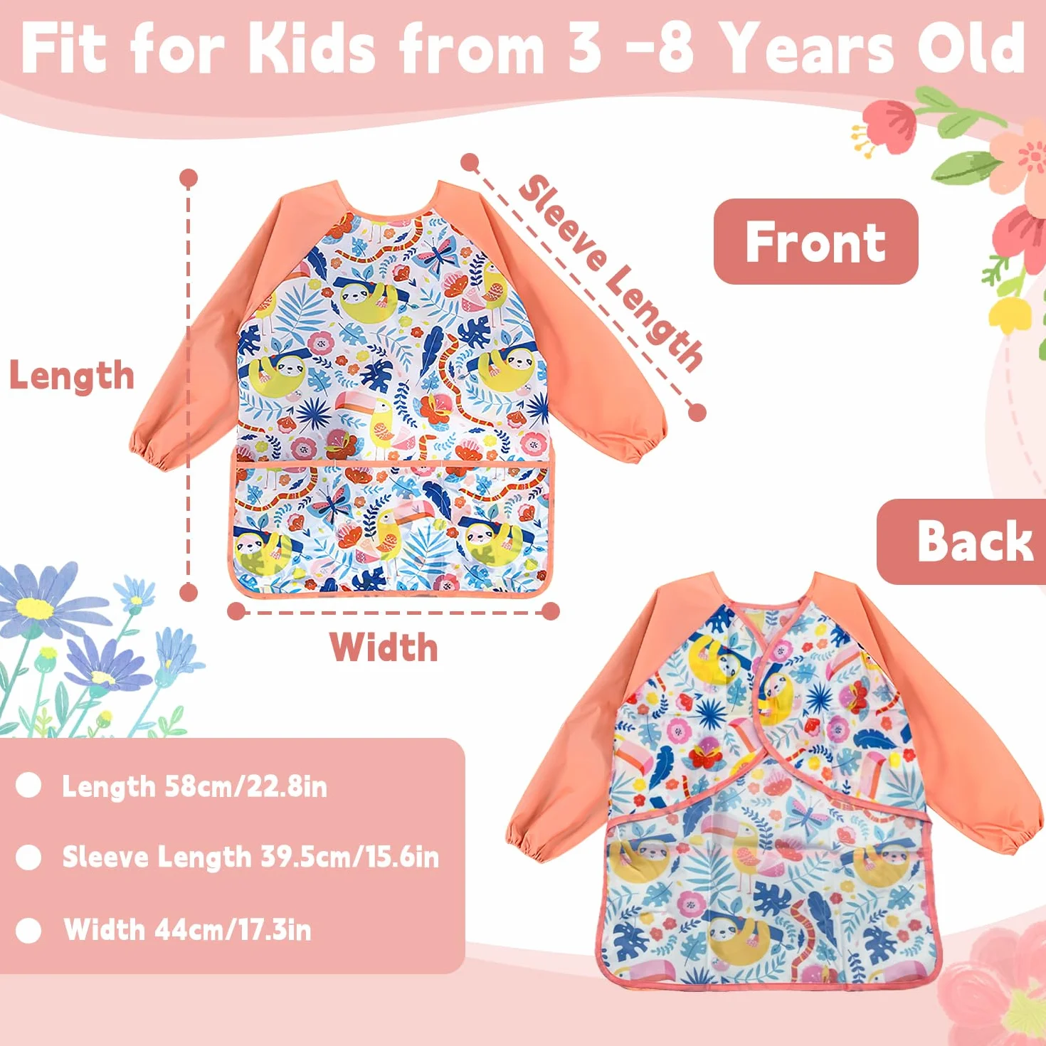 Tablier Enfants Imperméable Manches Longues Poche Peindre Cuisiner 3-8 Ans