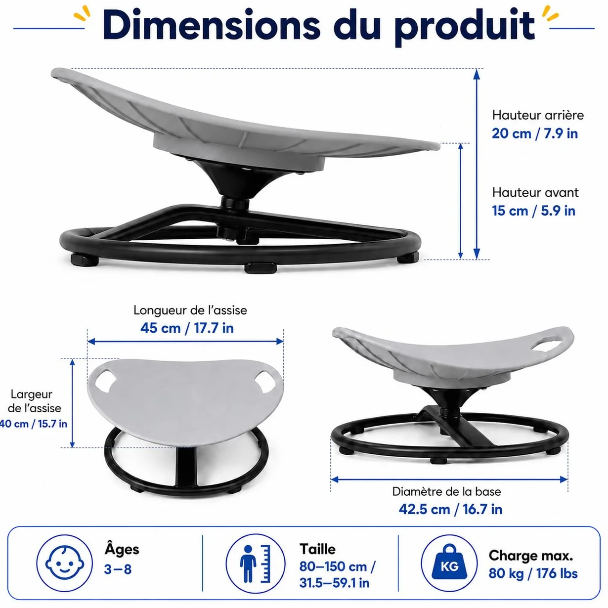 TopHomer Chaise d'équilibre rotative pour enfants – Siège pivotant 360° autisme TDAH, soulagement mal des transports, poignées sécurité base stable