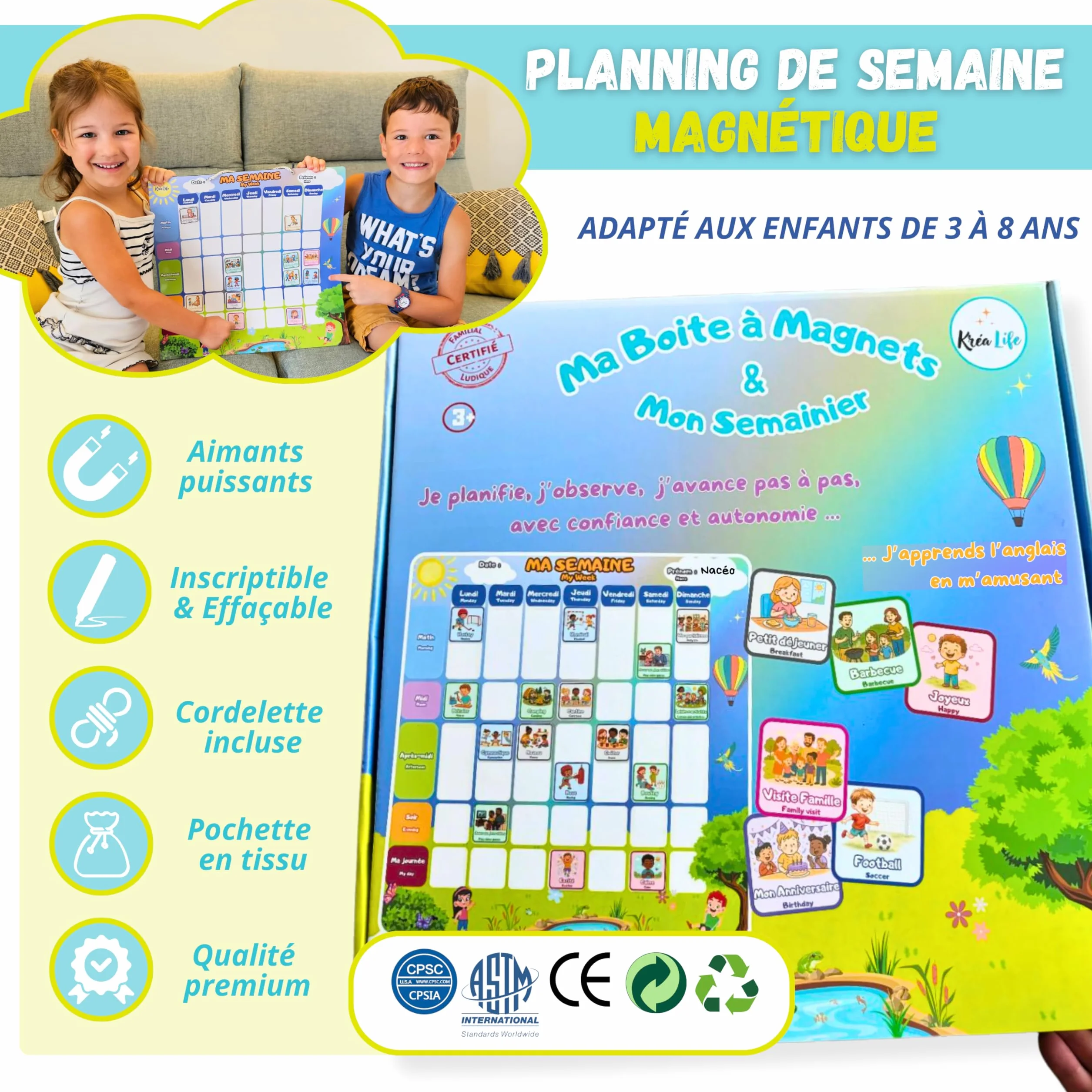 KréaLife® Planning Semaine Enfant Tableau Magnétique 40x40 cm +220 Aimants Colorés Éducatif Bilingue FR/EN
