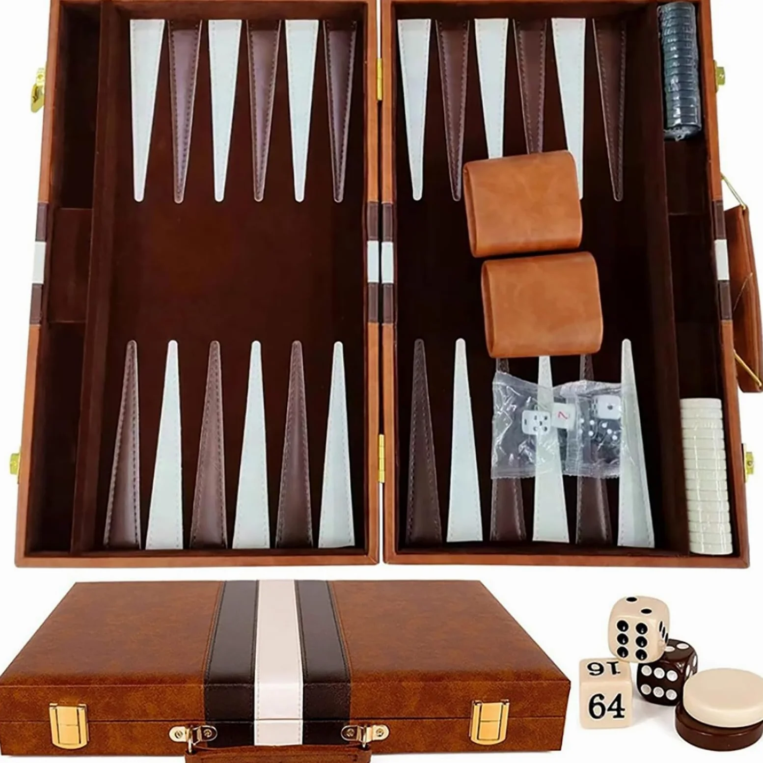 Jeu de backgammon 28 cm avec étui en cuir, intérieur en feutre, jeu portable | Planche pliante classique, design de voyage, surface de jeu durable, emballage prêt à offrir, MDF avec placage en bois