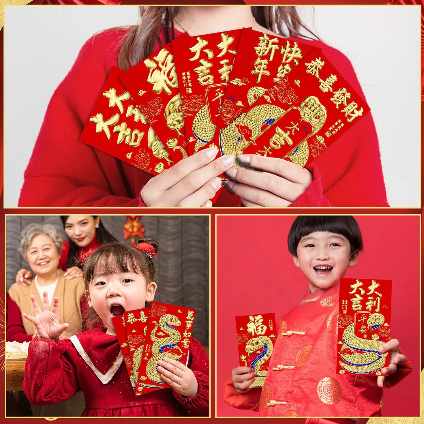 Enveloppes Rouges du Nouvel An Chinois 2025 Serpent Hong Bao 16,8x9cm 36pcs avec 50pcs Monnaie Feng Shui 6 Motifs Relief Dorés