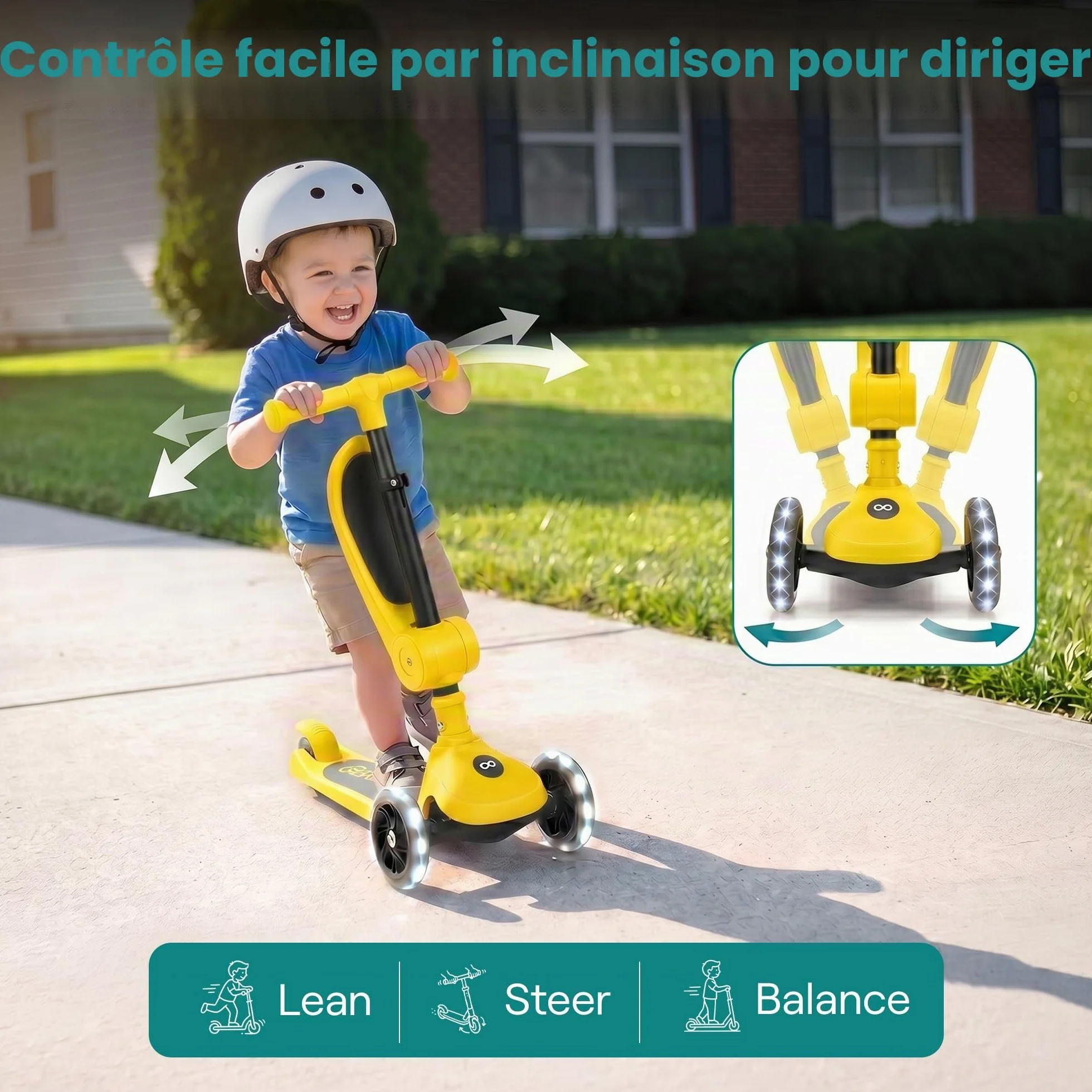 SereneLife Trottinette Enfant 2 en 1 avec Siège – 3 Roues Pliable, Hauteur Réglable, Roues LED